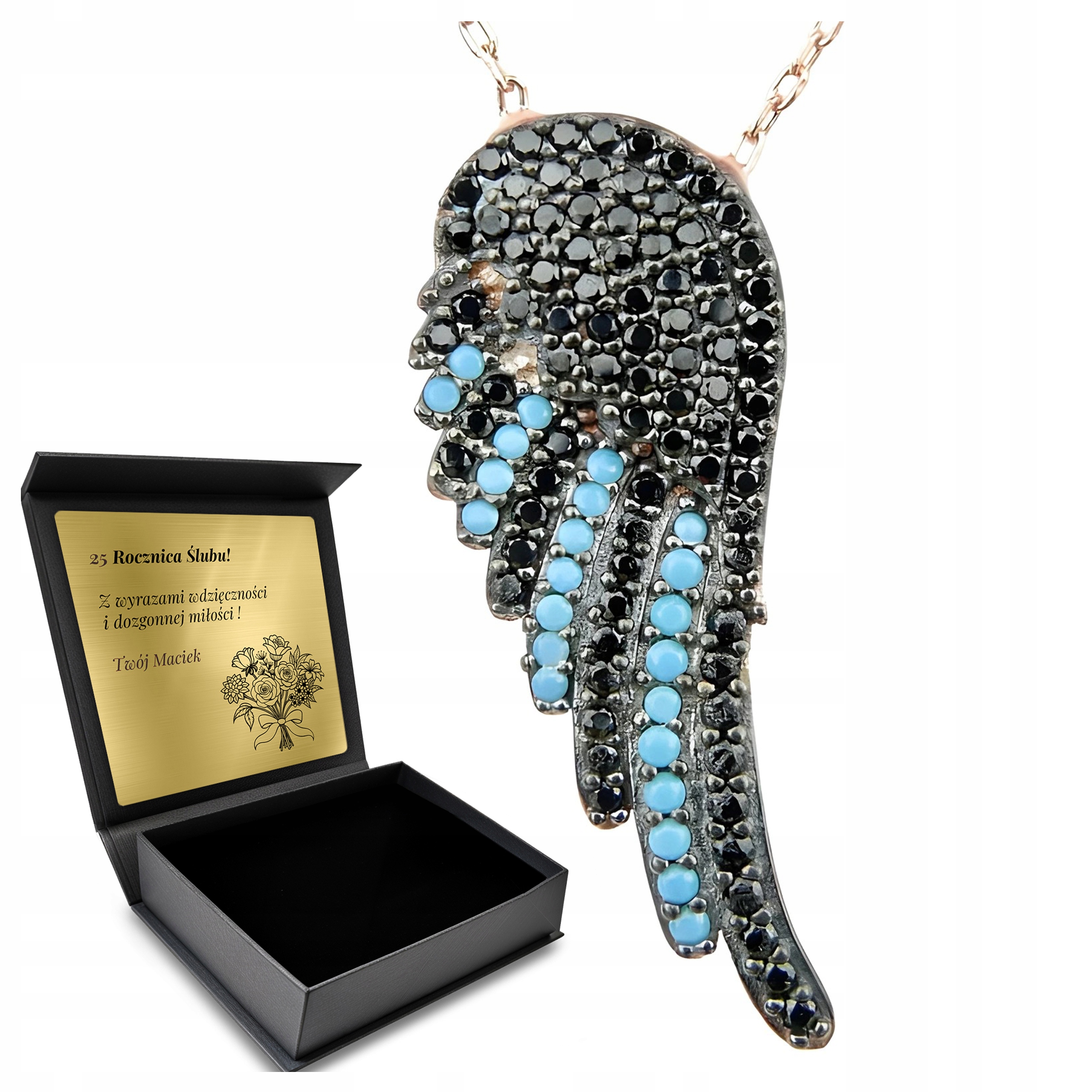 Pozlacený Náhrdelník Stříbrné Andělské Křídlo Černé Zirkony Krásné Gravírování