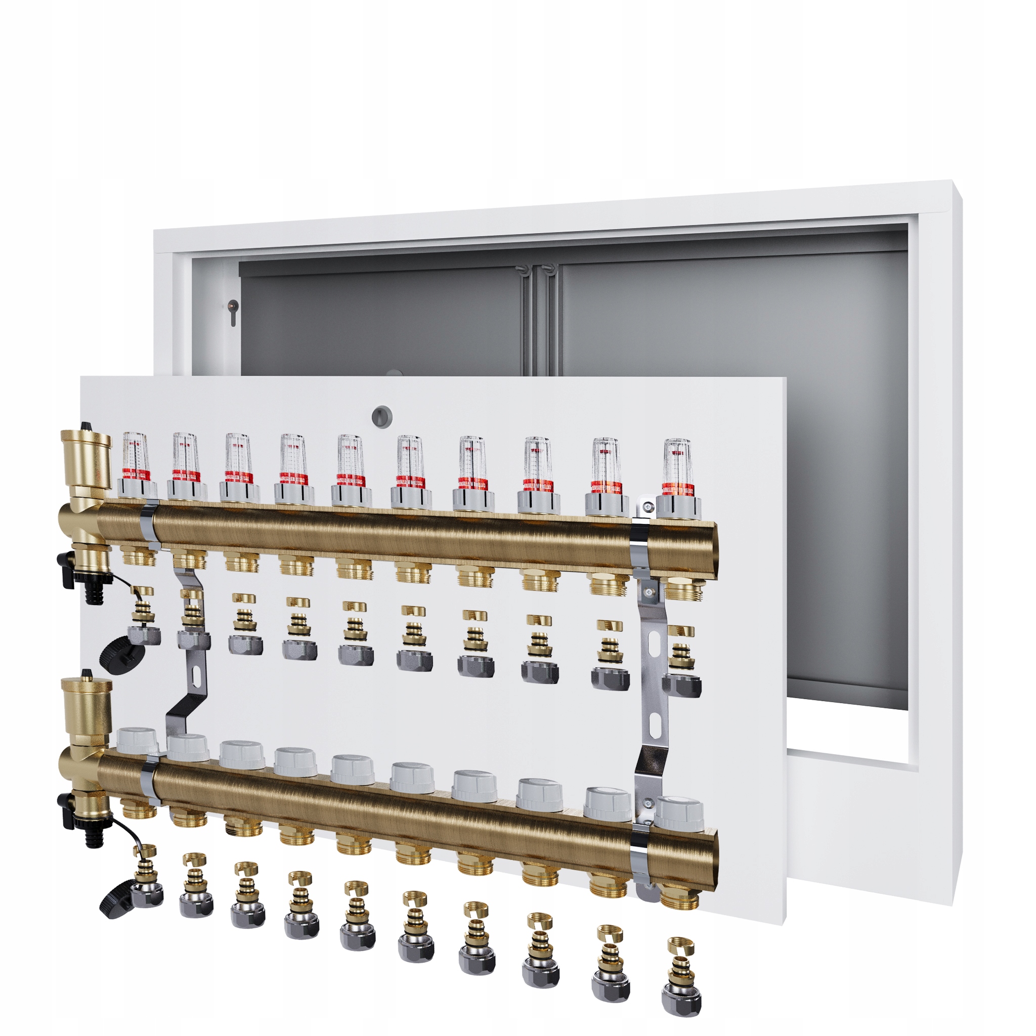 Rozdělovač pro podlahovou krytinu s 10 podlahovými topeními a nástěnnou schránkou Pex