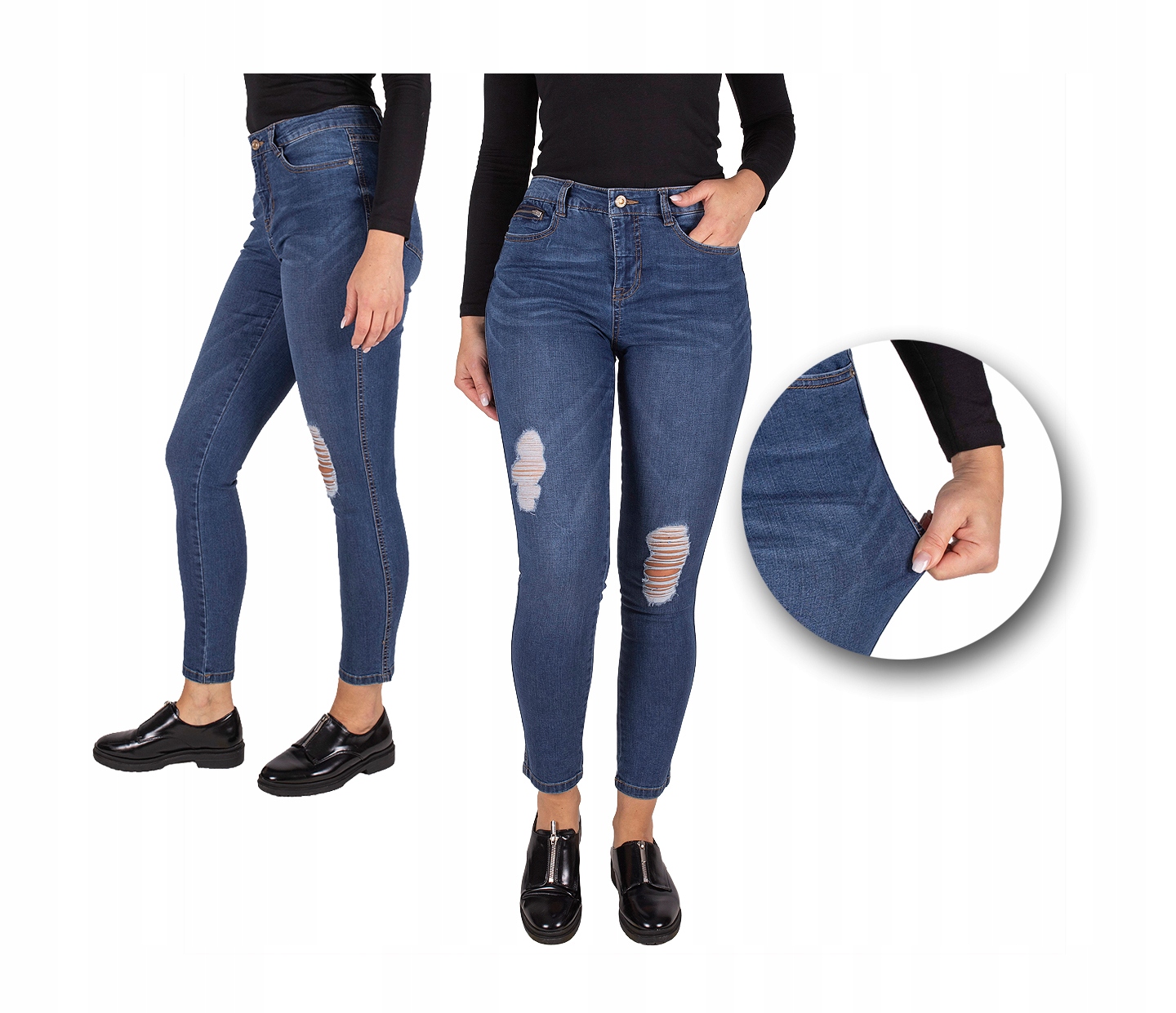 

Elastyczne ciemne Jeansy damskie z dziurami 34