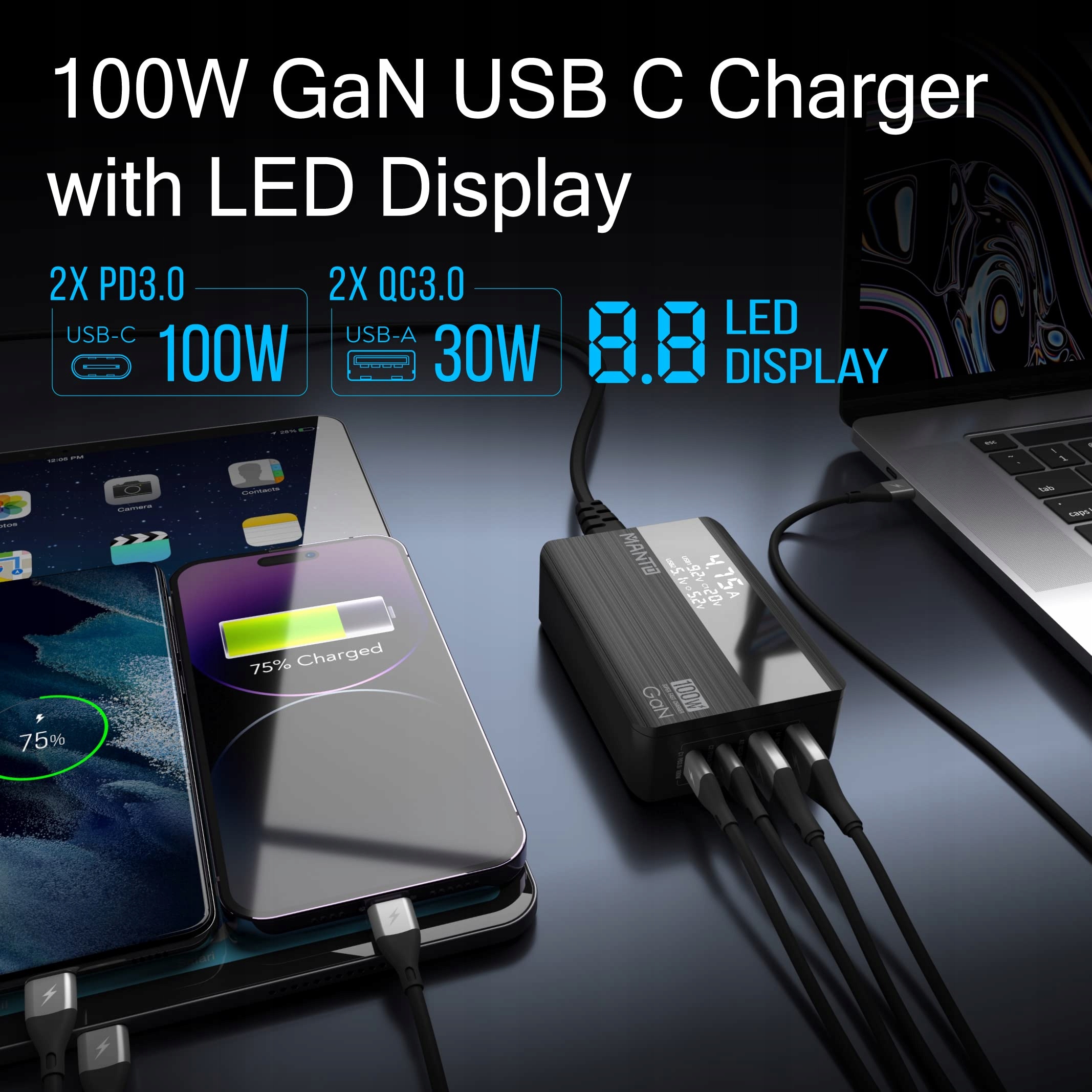 MANTO Ładowarka 100W USB-C LED 4-Port GaN Szybkie Ładowanie MacBook iPhone — miniatura 2