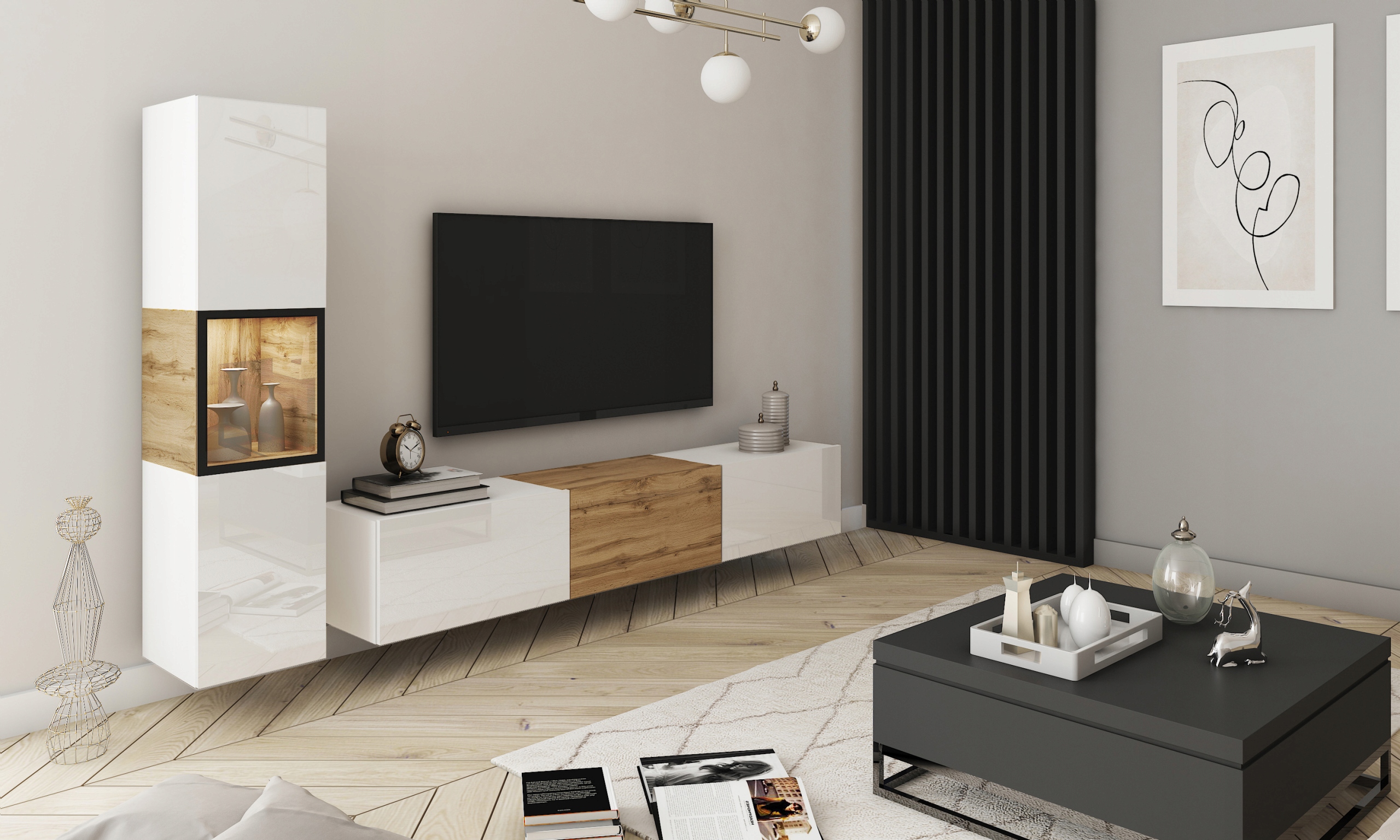 Meblościanka BERLIN Zestaw Mebli, Salon Dąb Wotan / Czarny Wykończenie matowe