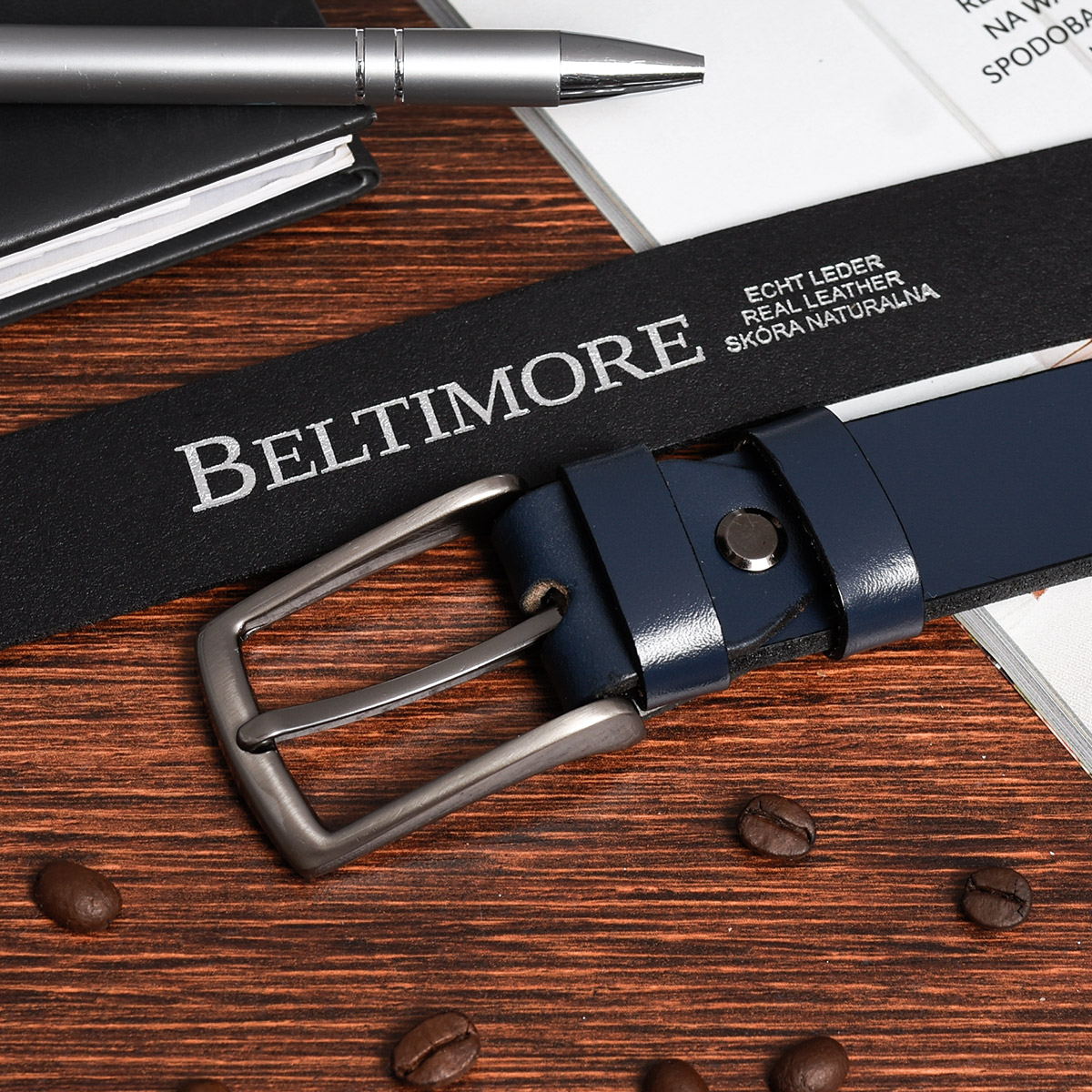 Beltimore skórzany pasek granatowy do spodni wąski Marka Beltimore