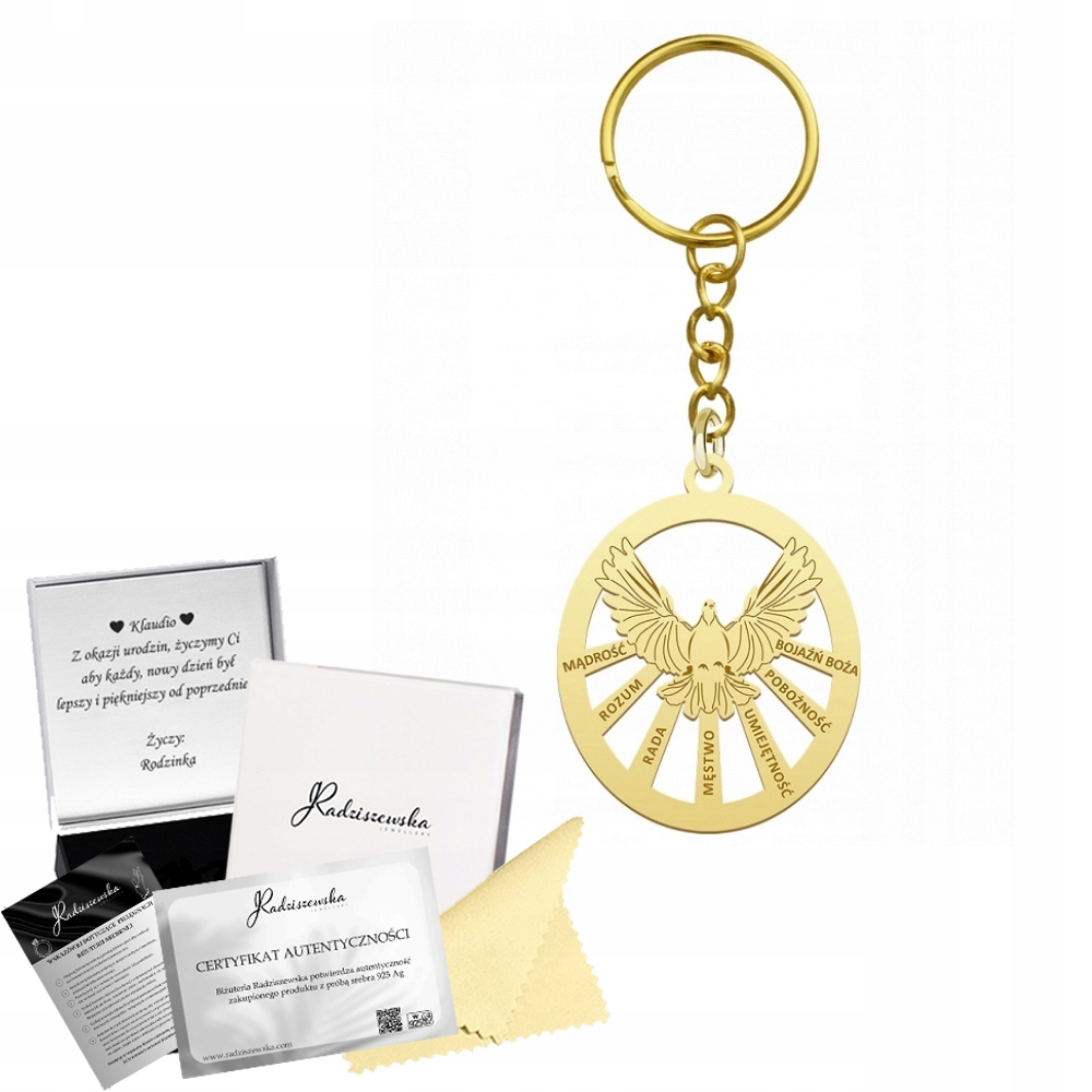 Přívěsek Na Klíče na klíče Zlatý s Duchem svatým Dárek na biřmování 925 Gravírování