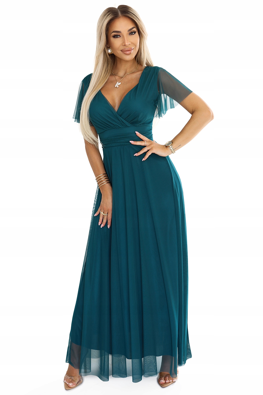 Zelené Dlouhé Šaty s Výstřihem a Krátkým Rukávem