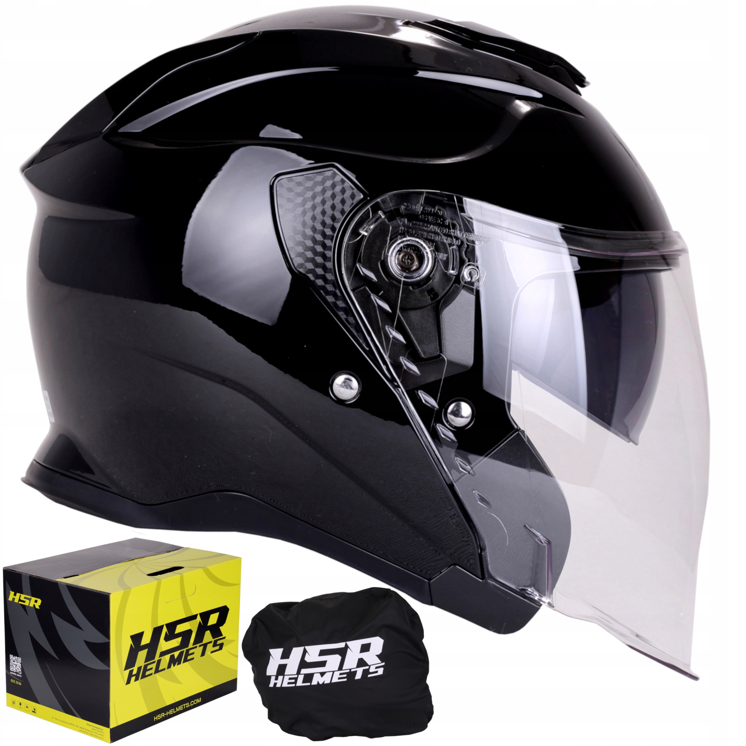 Kask otwarty na skuter motor Hsr HS835 czarny połysk blenda Ece 22.06