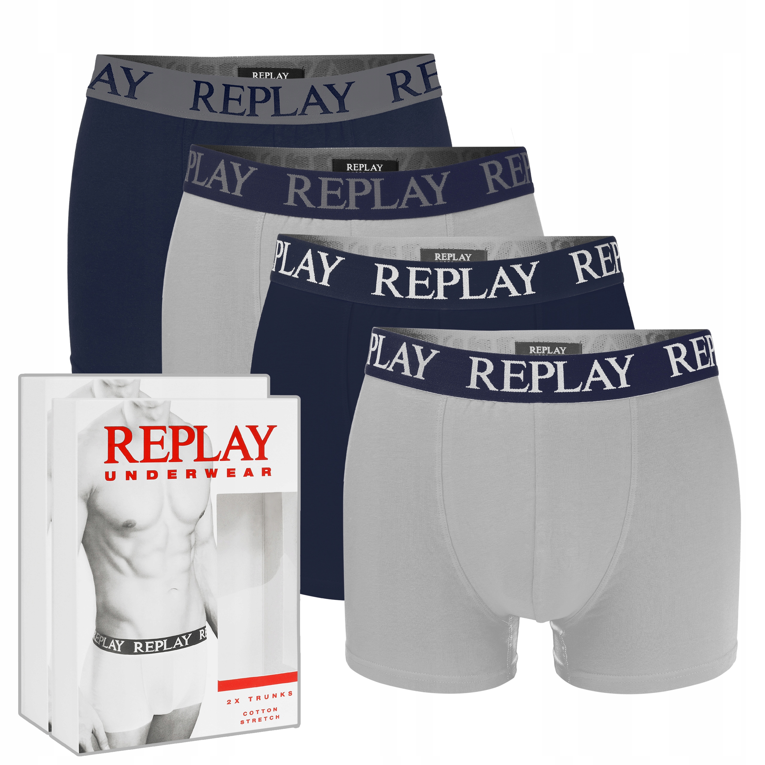 Replay Pánské boxerky Námořnická Modrá-Šedá Bavlna 4 Pak Dárek Vel. L