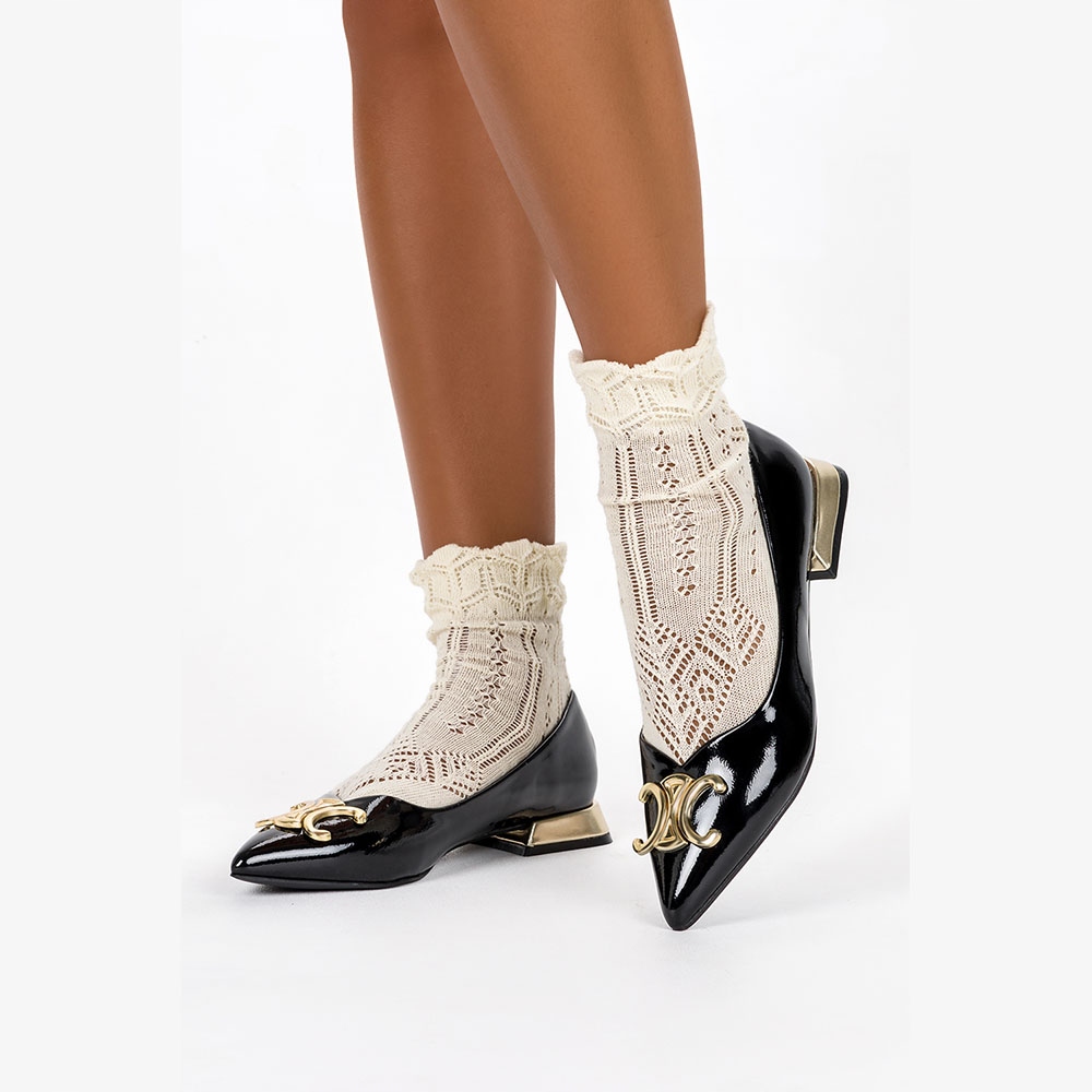 BALERINY DAMSKIE LAKIEROWANE Z OZDOBĄ NA NISKIM OBCASIE WKŁADKA SKÓRZANA 38 Marka Casu