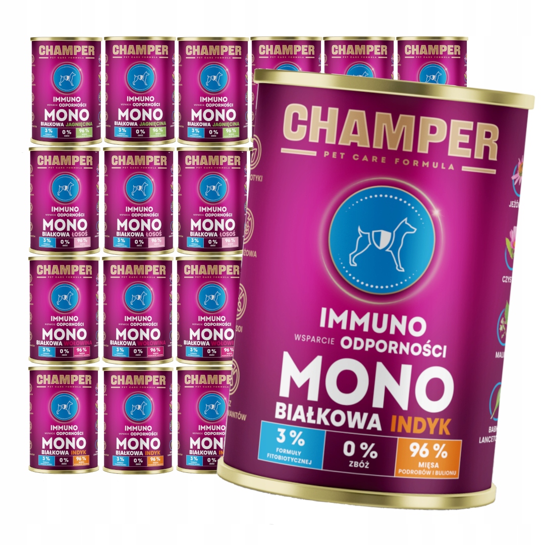 Levně Champer Immuno Monoproteinové 24x400g Vlhké Krmivo pro psy Mix Chutí
