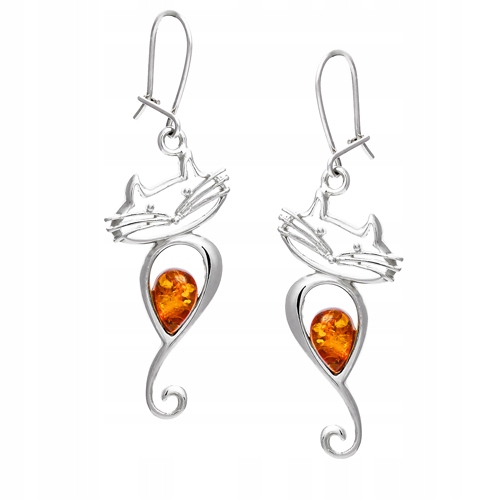 Stříbrné Kočky náušnice s přírodním Jantarem stříbro 925 Uzavíratelné Zapínání