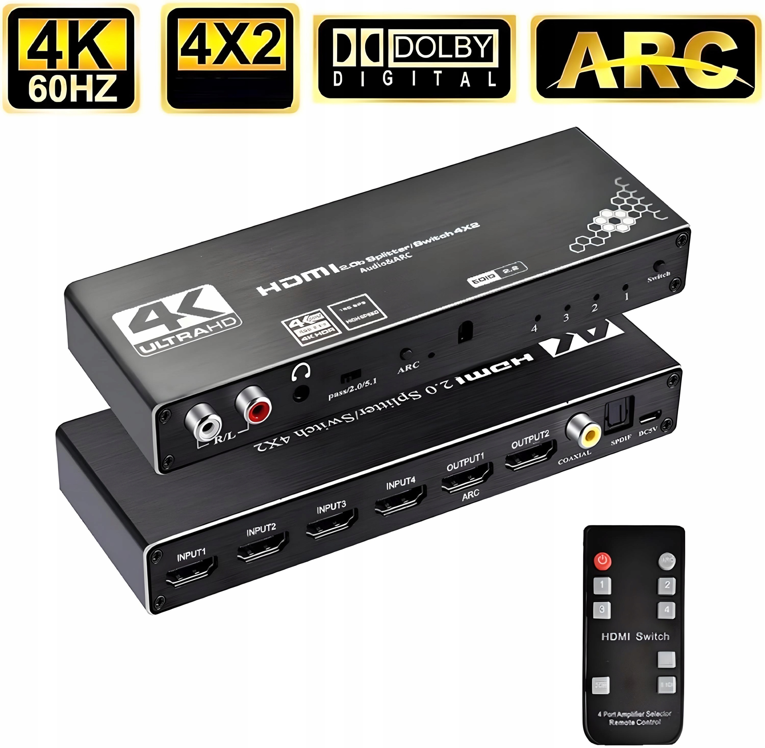 Splitter Switch Hdmi 2.0 4x2 Přepínač 4 Vstupy 2 Výstupy Arc Cinch Optický