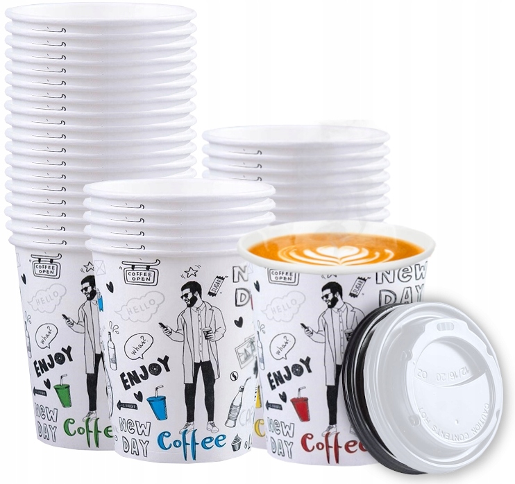 Kubeczki papierowe do kawy napojów 300ml NEW DAY + wieczka jednorazowe