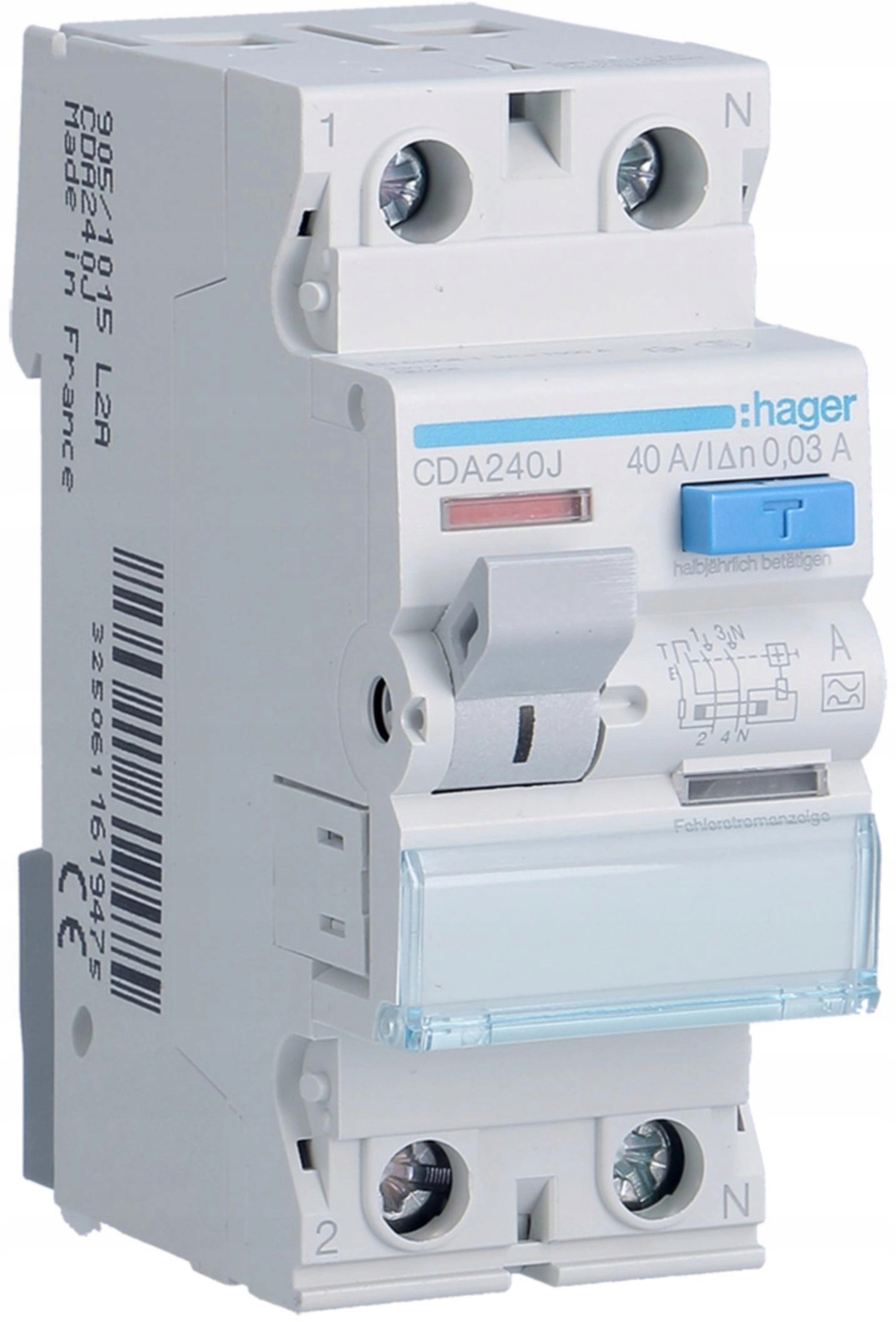 Hager Rccb Proudový chránič 1P+N 40A 30mA 6kA A CDA240J