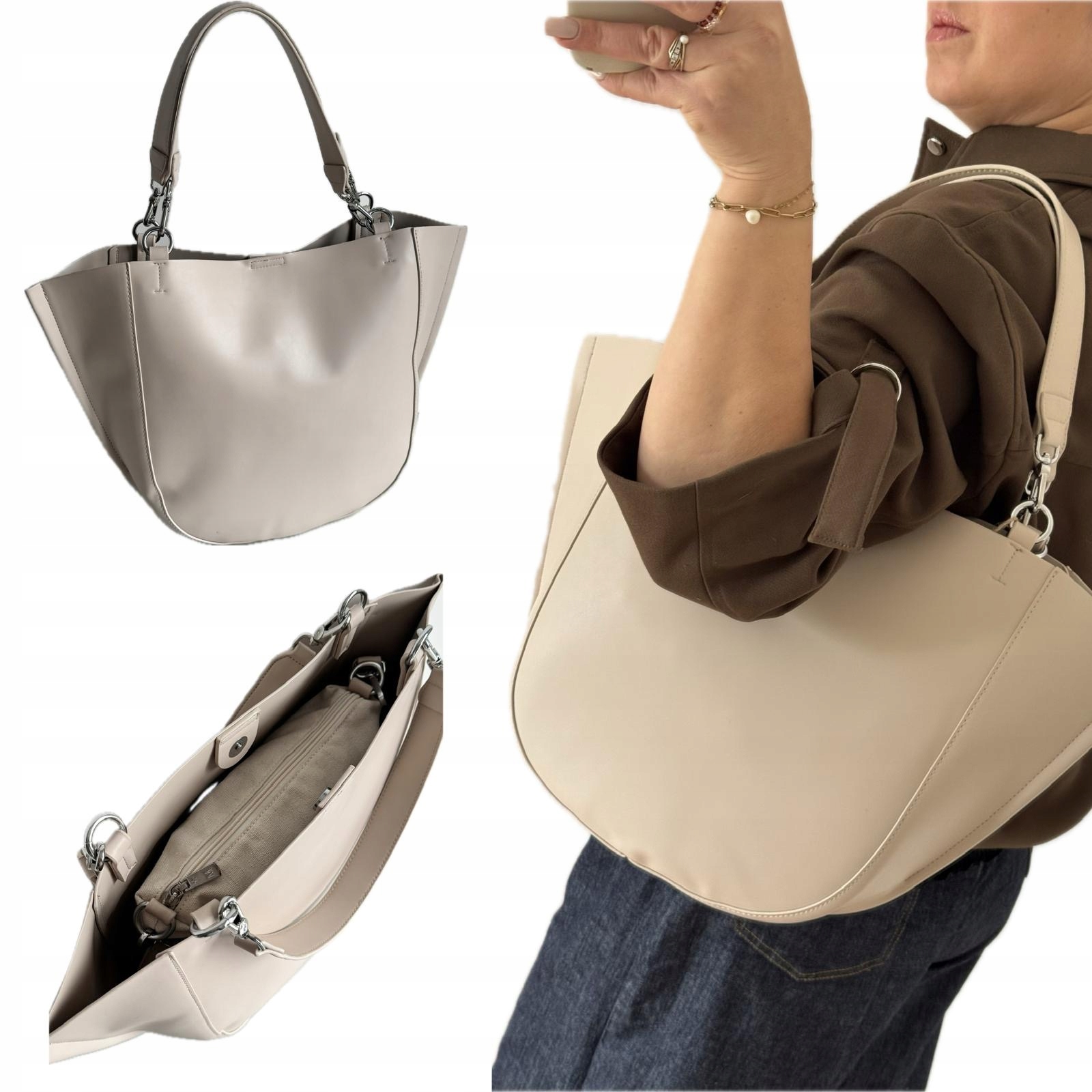 Dámská Kabelka Mandoline Viral Béžová Taupe Velká Shopper Eko Kůže