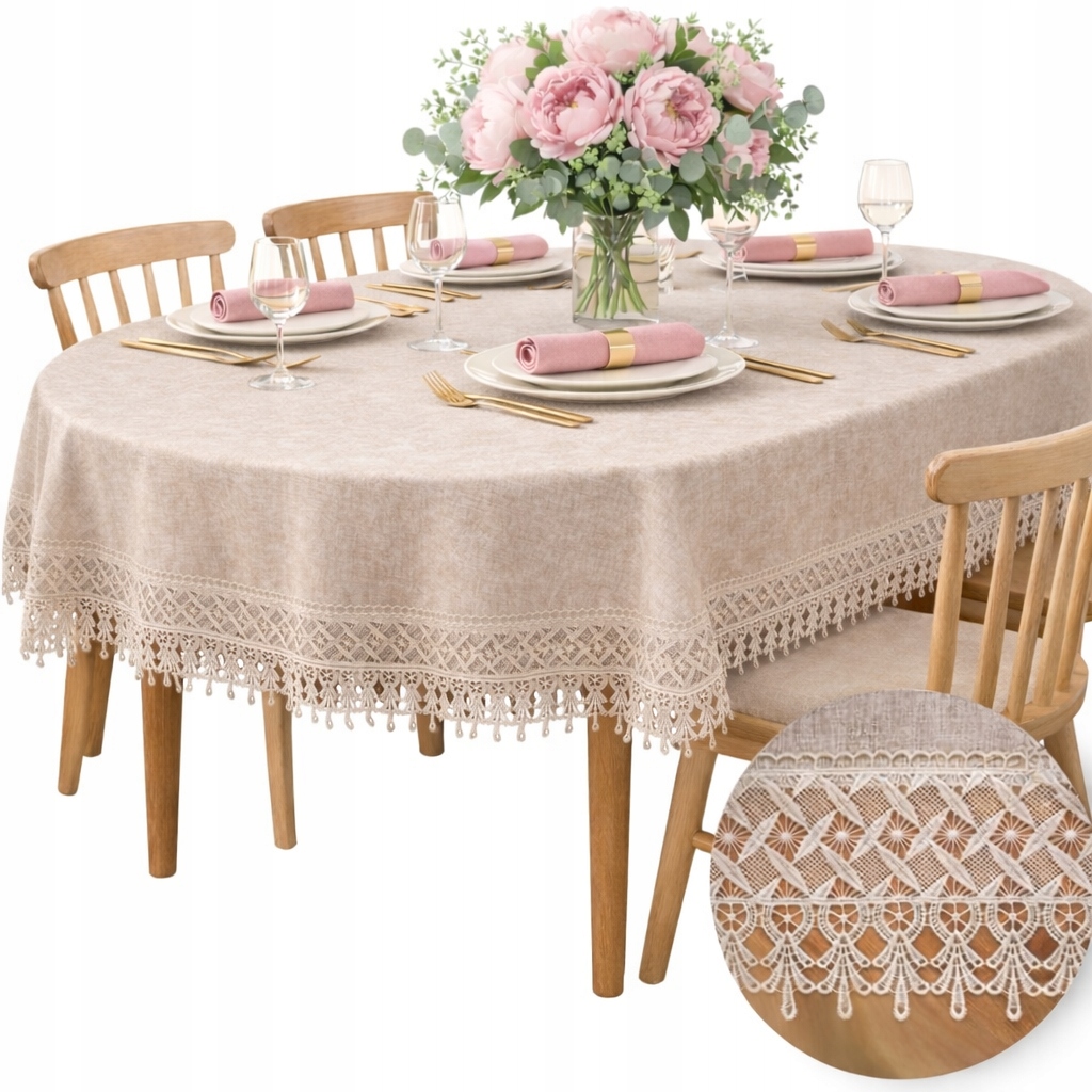 Oválný ubrus na stůl Elegantní Béžový Hladký na Vánoce s krajkou 130x180