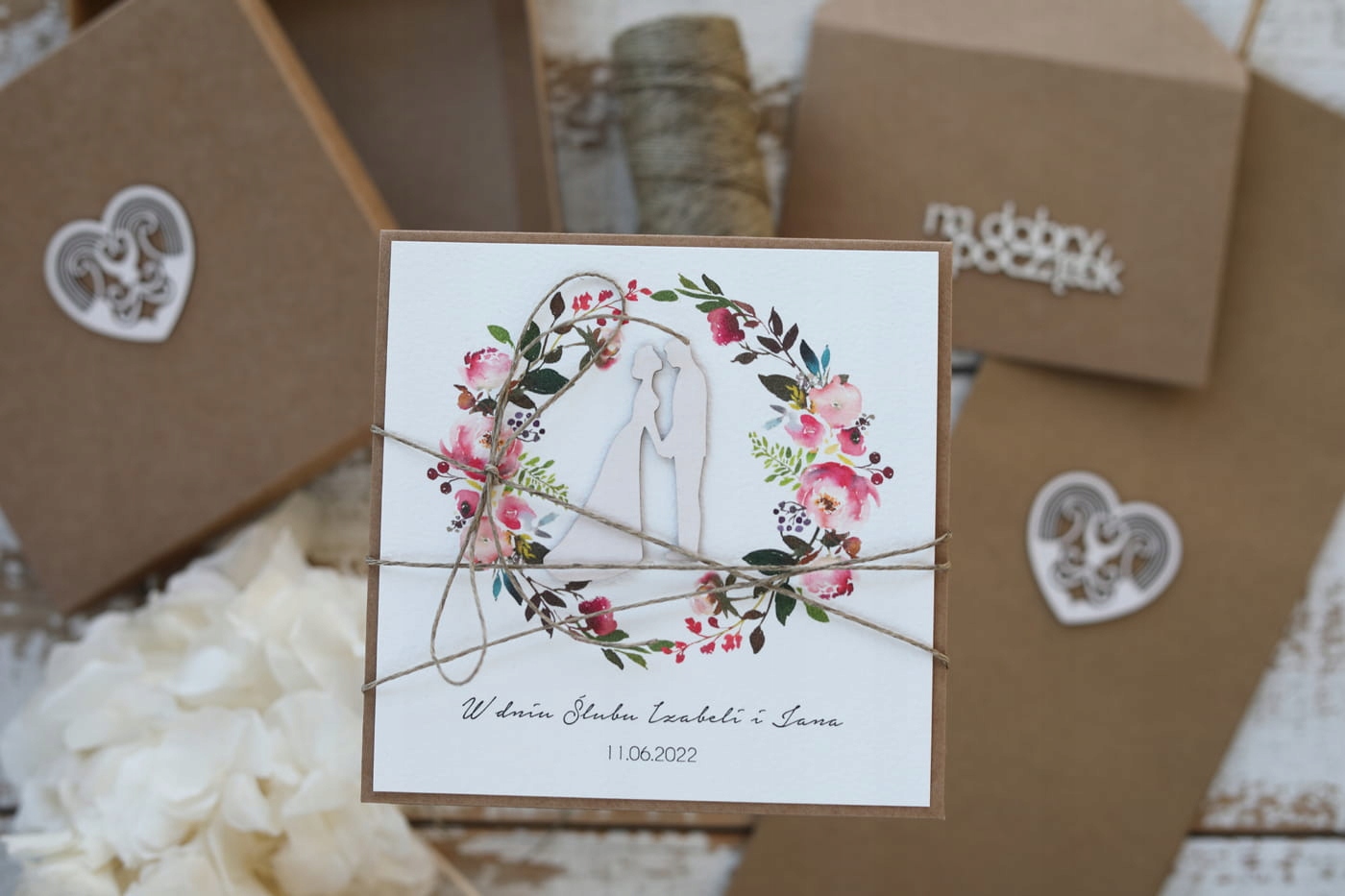 Svatební přání s krabičkou s věncem boho, obálka na peníze