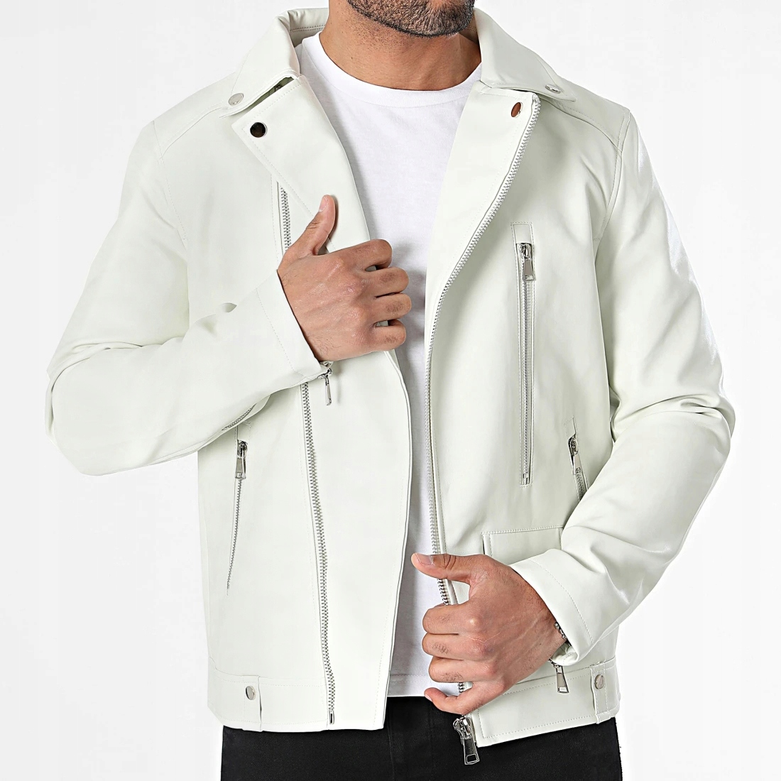 Kurtka Męska Skóra Ramoneska Klasyczna Zamki