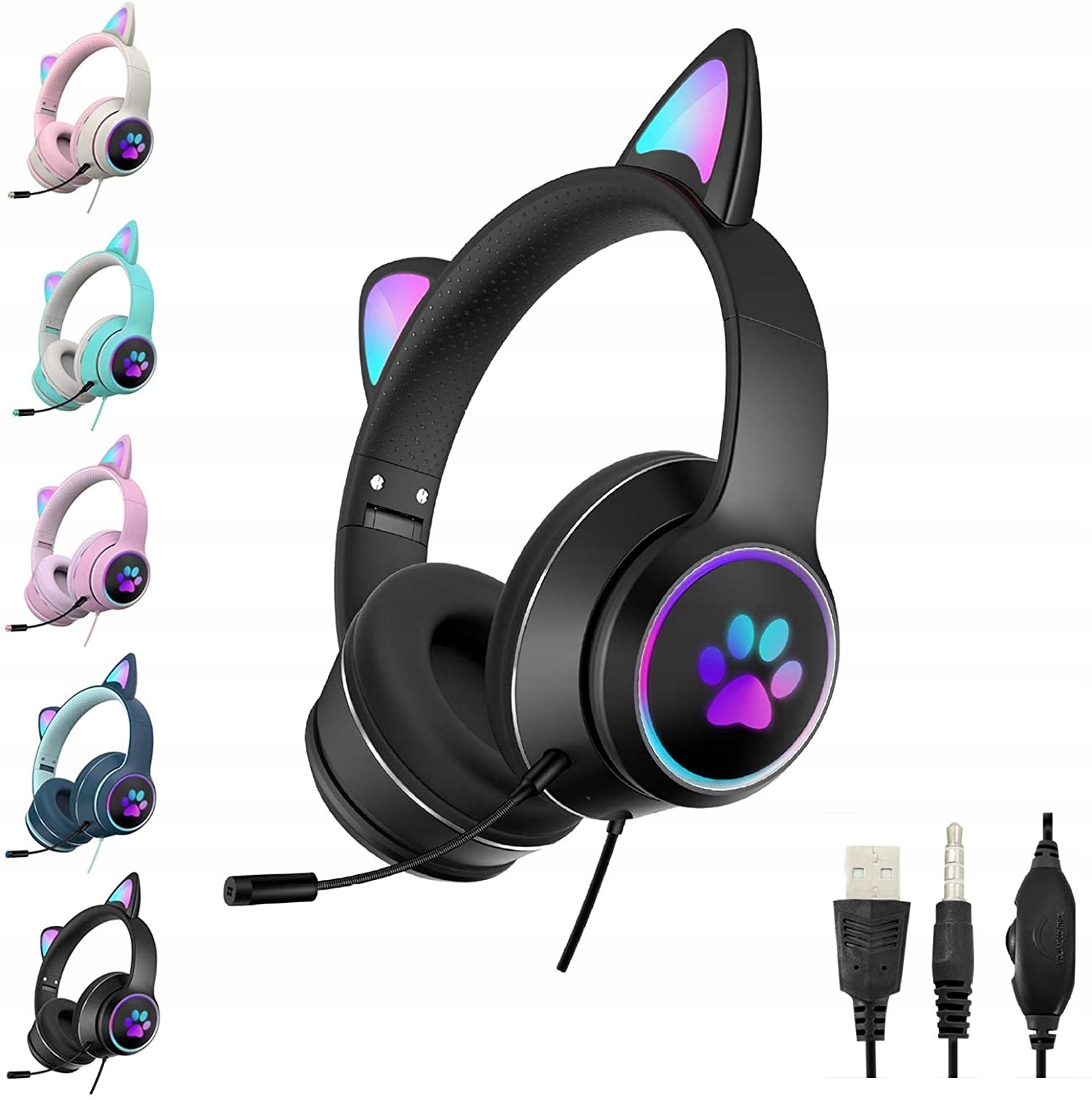 SŁUCHAWKI KOCIE USZY z mikrofon ŚWIECĄCE USZY RGB Regulacja głośności tak