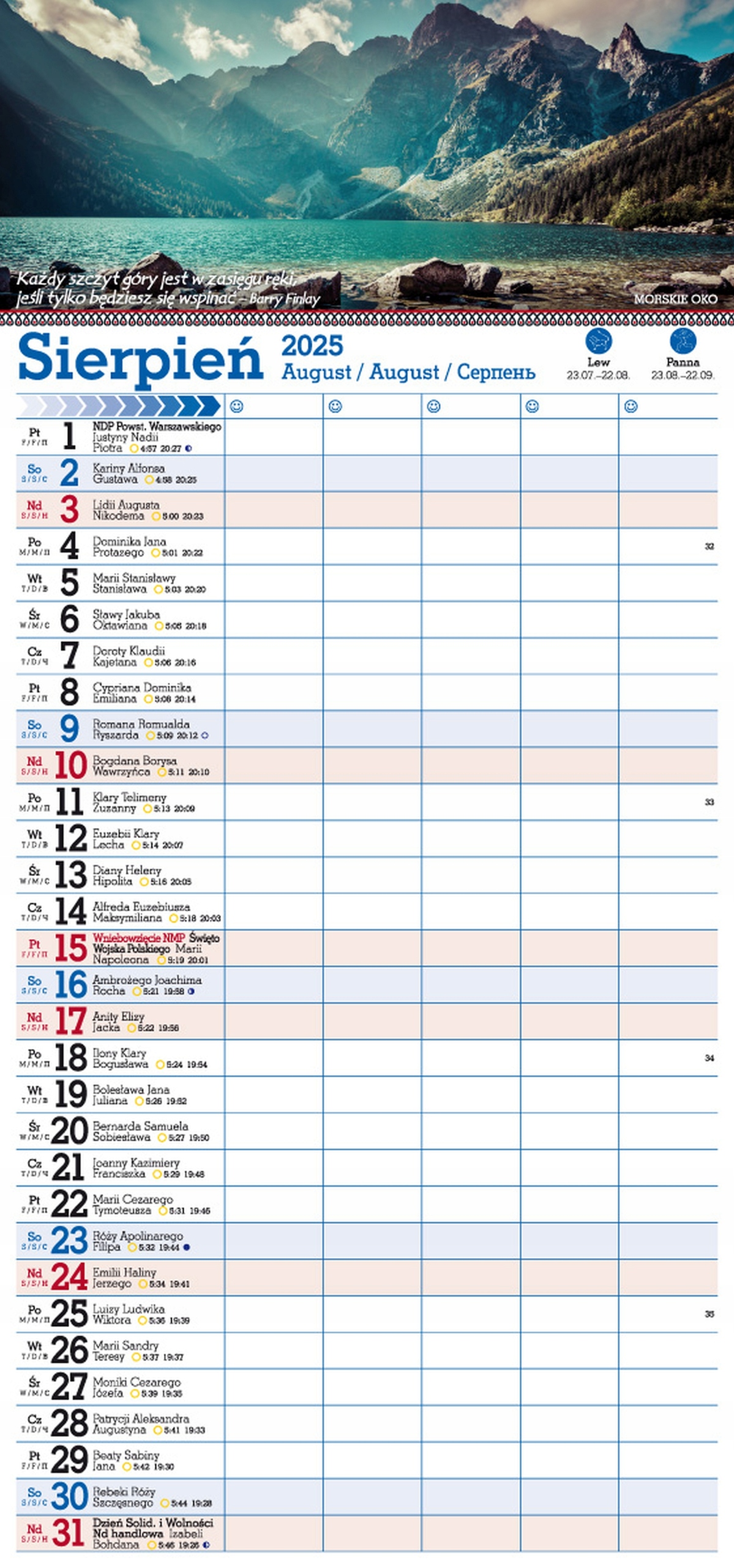 Kalendarz 2025 PLANER do notatek dla 5 osób GÓRY TATRY