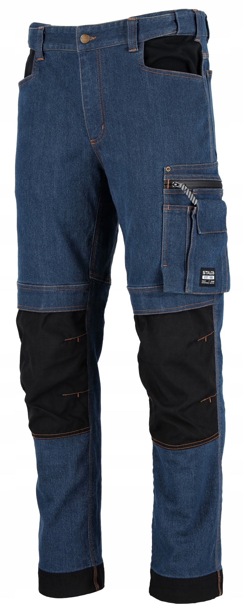 Spodnie robocze jeans elastyczne mocne odblaski 3M Cordura zamki Ykk