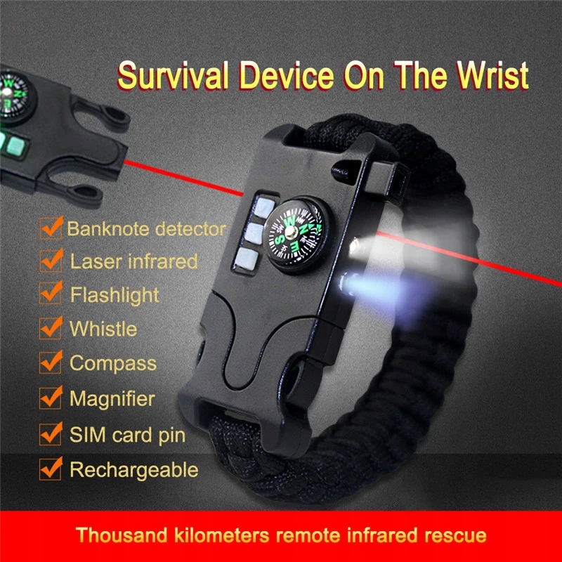 Outdoor Multifunctional Survival Laser Flashlight Paracord Bracelet 7 in 1 Kolor czarny