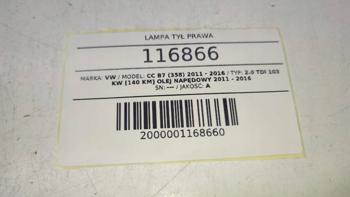 LAMPA TYŁ TYLNA PRAWA LED W BŁOTNIK VW PASSAT B7 CC LIFT EUROPA 3C8945208T Rodzaj lampy dedykowana