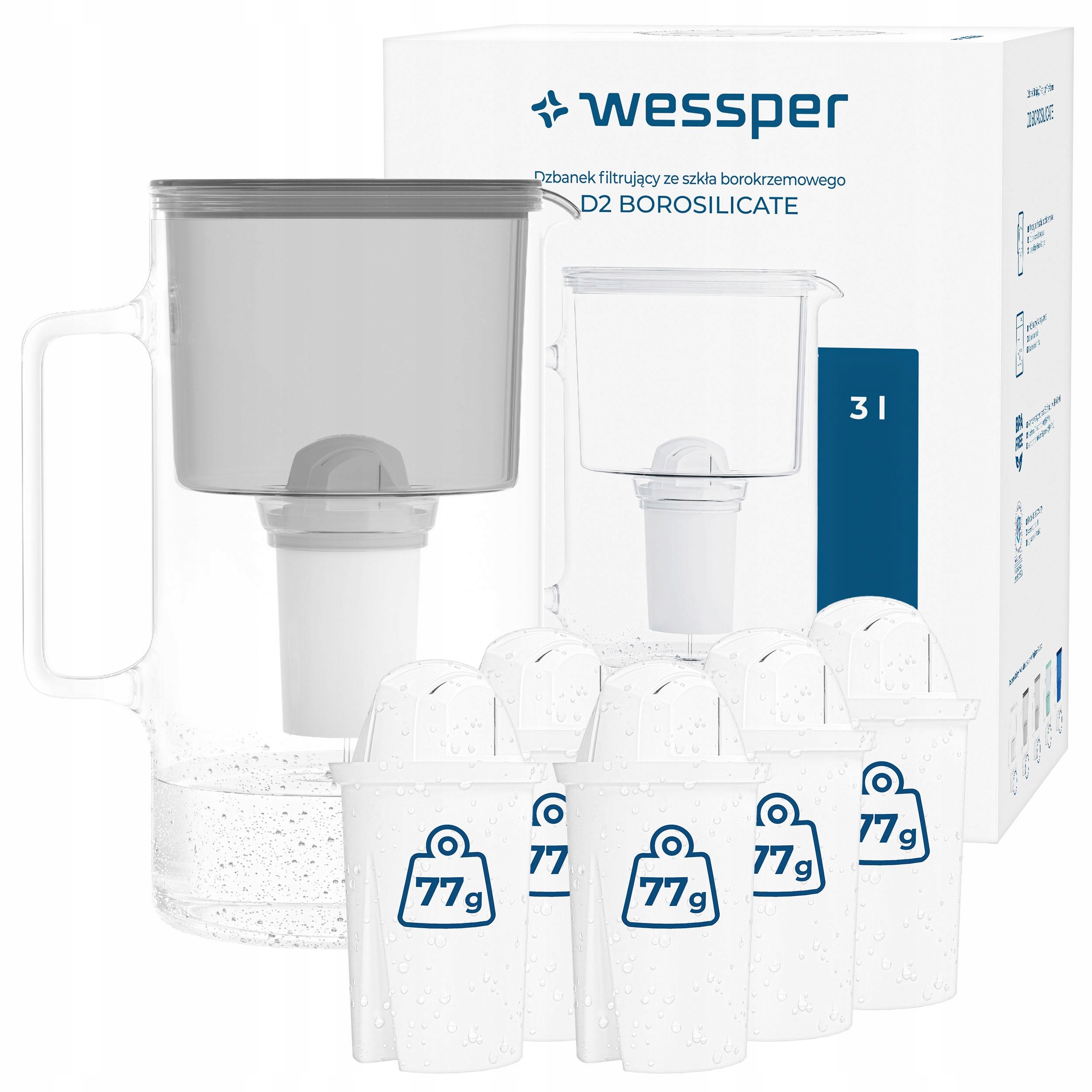 Dzbanek filtrujący szklany Wessper D2 Borosilicate 3l 6 filtr AquaClassic