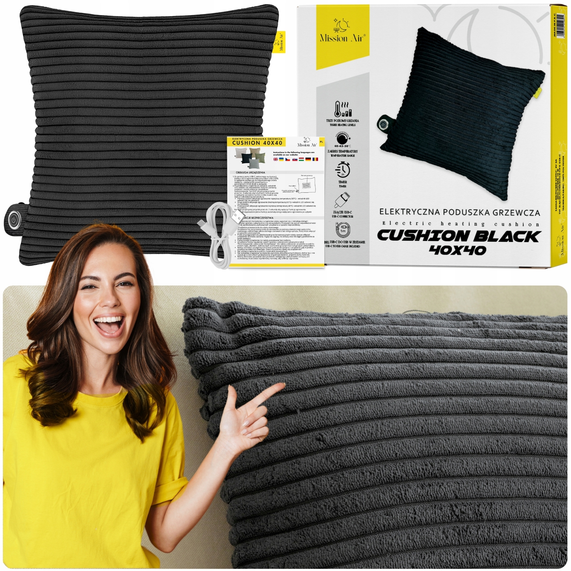 Poduszka Elektryczna rozgrzewająca Grzewcza 40X40 Usb-c 3 poziomy grzania