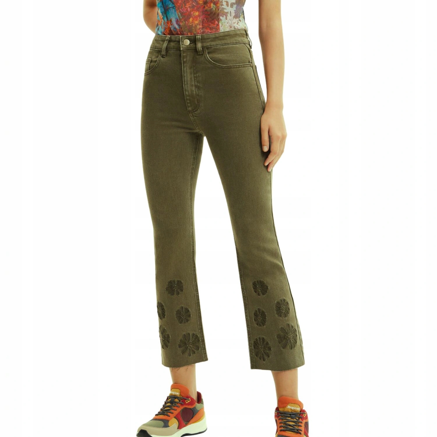 Dámské džínové kalhoty Desigual zelené khaki flare výšivky vel.