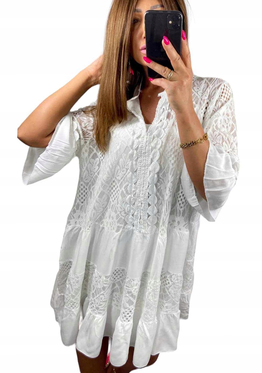 V734 Bavlněné MIDI Šaty S Krajkou Bílé vel. 56 (8XL)