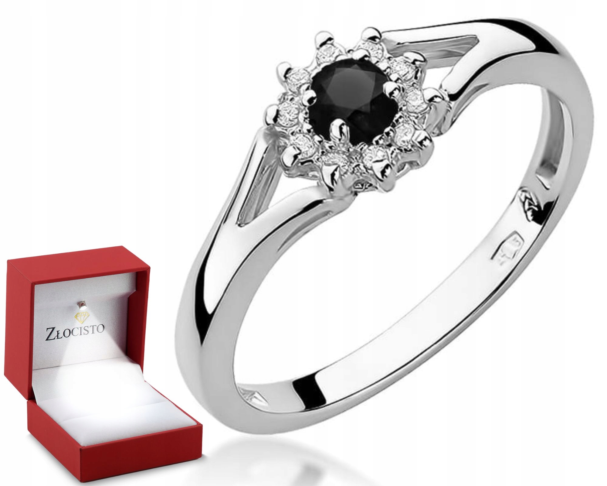 Białe Złoto Pierścionek Czarny Brylant I Diamenty 585 Grawer