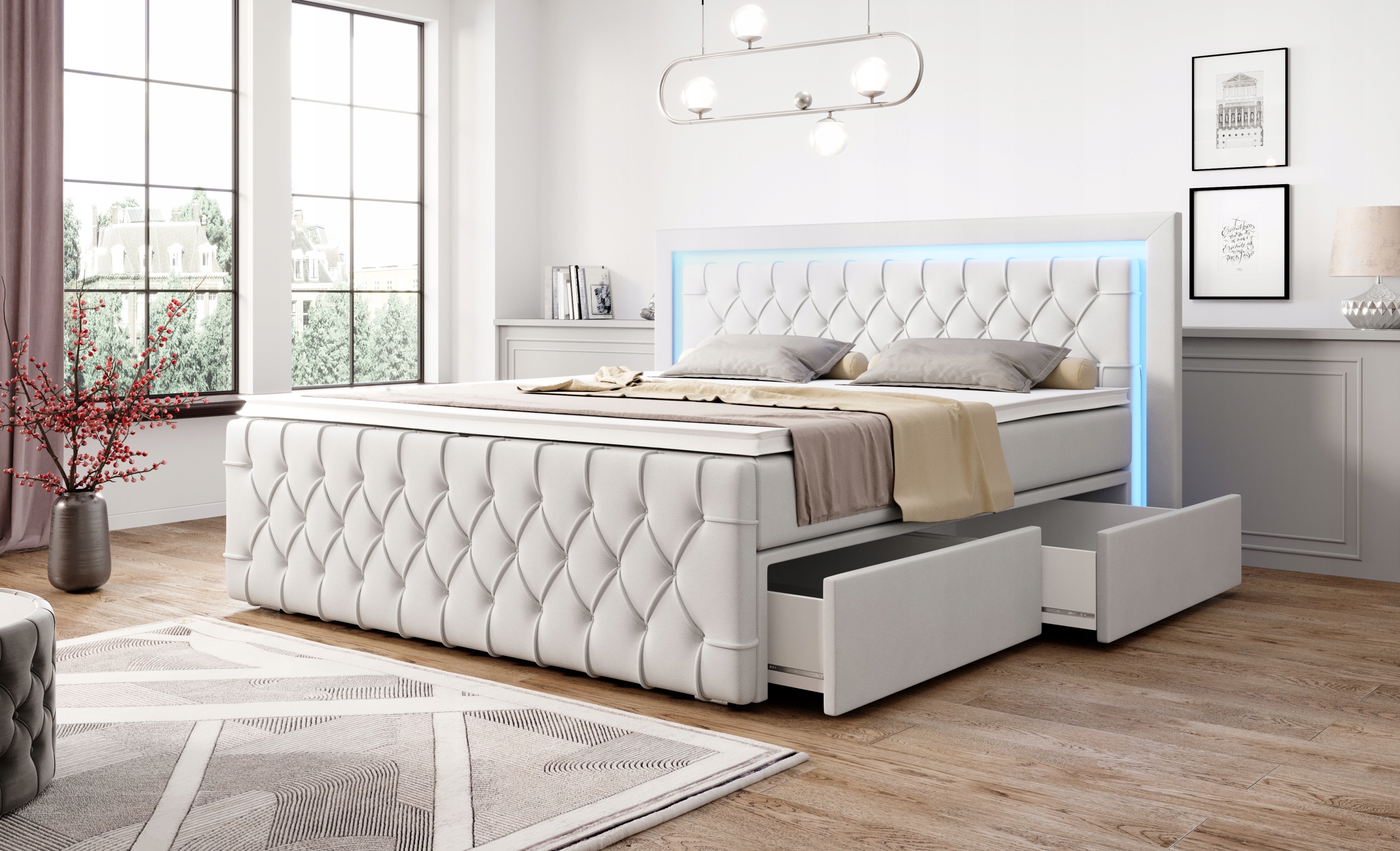 Łóżko kontynentalne Arosa 180/200 + LED i szuflady