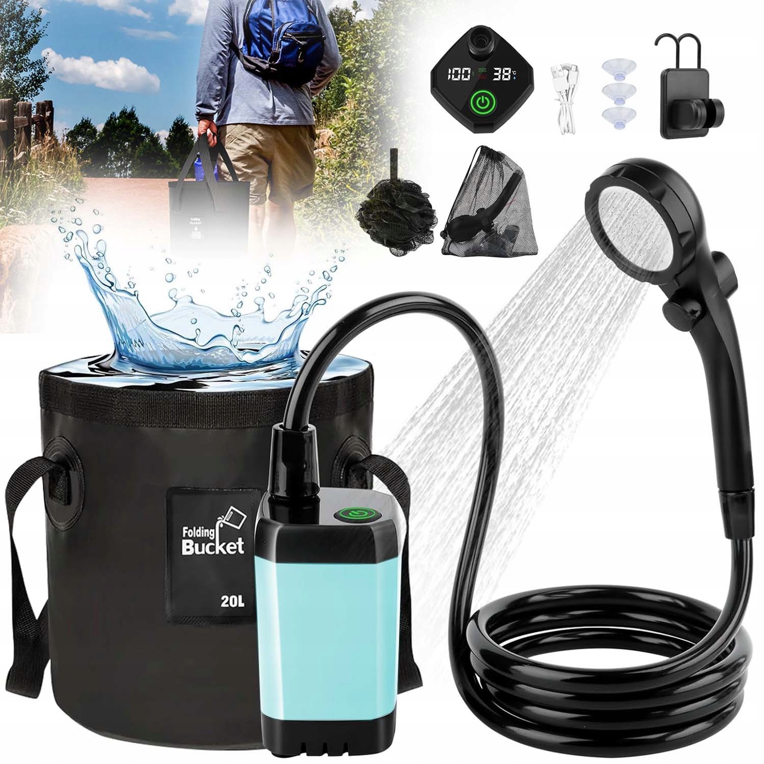 Přenosná Turistická Sprcha Kempování Cestování Akumulátor 6000 Mah