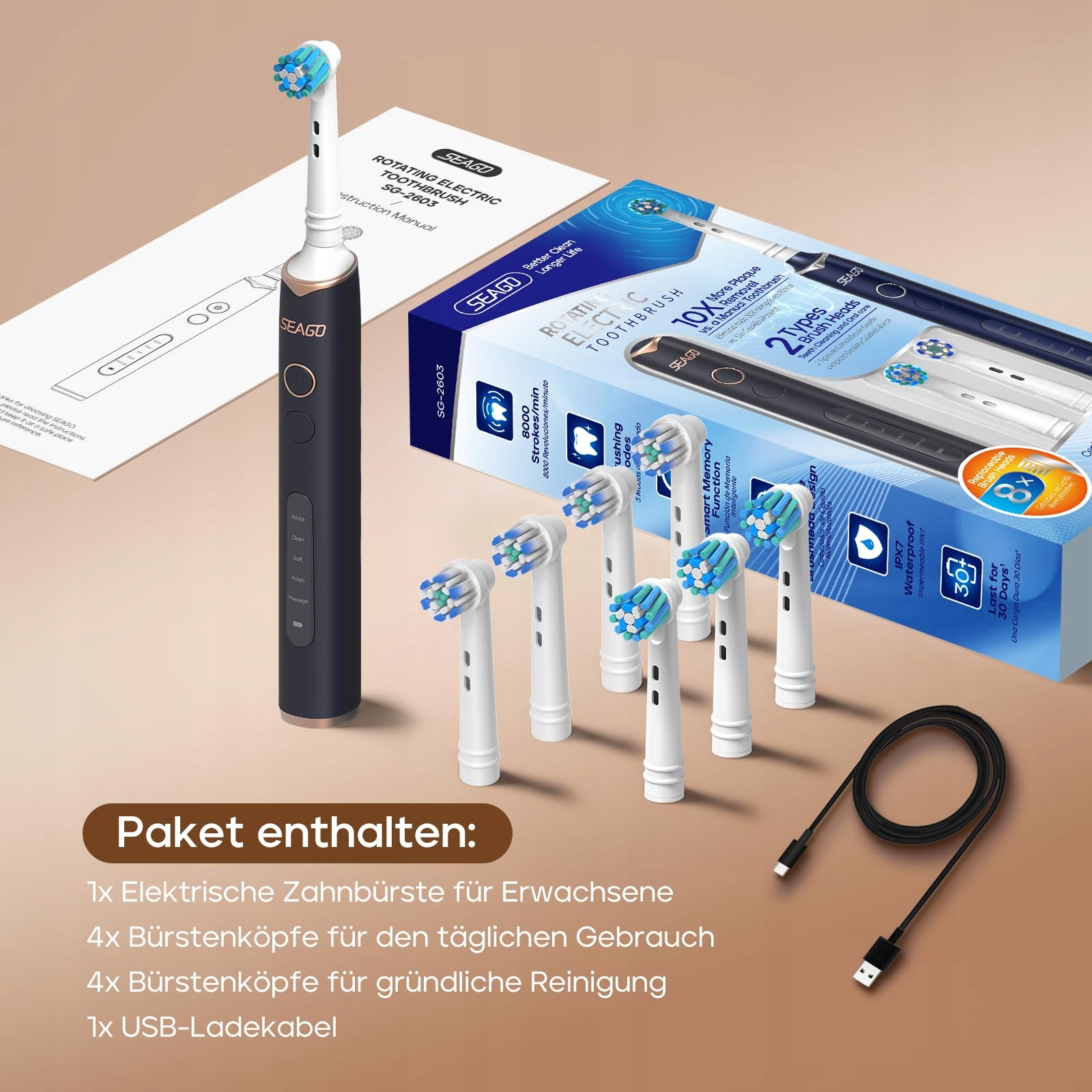 SEAGO Elektryczna Szczoteczka 8 Końcówek 5 Trybów Czarna Dorośli Dzieci — miniatura 7
