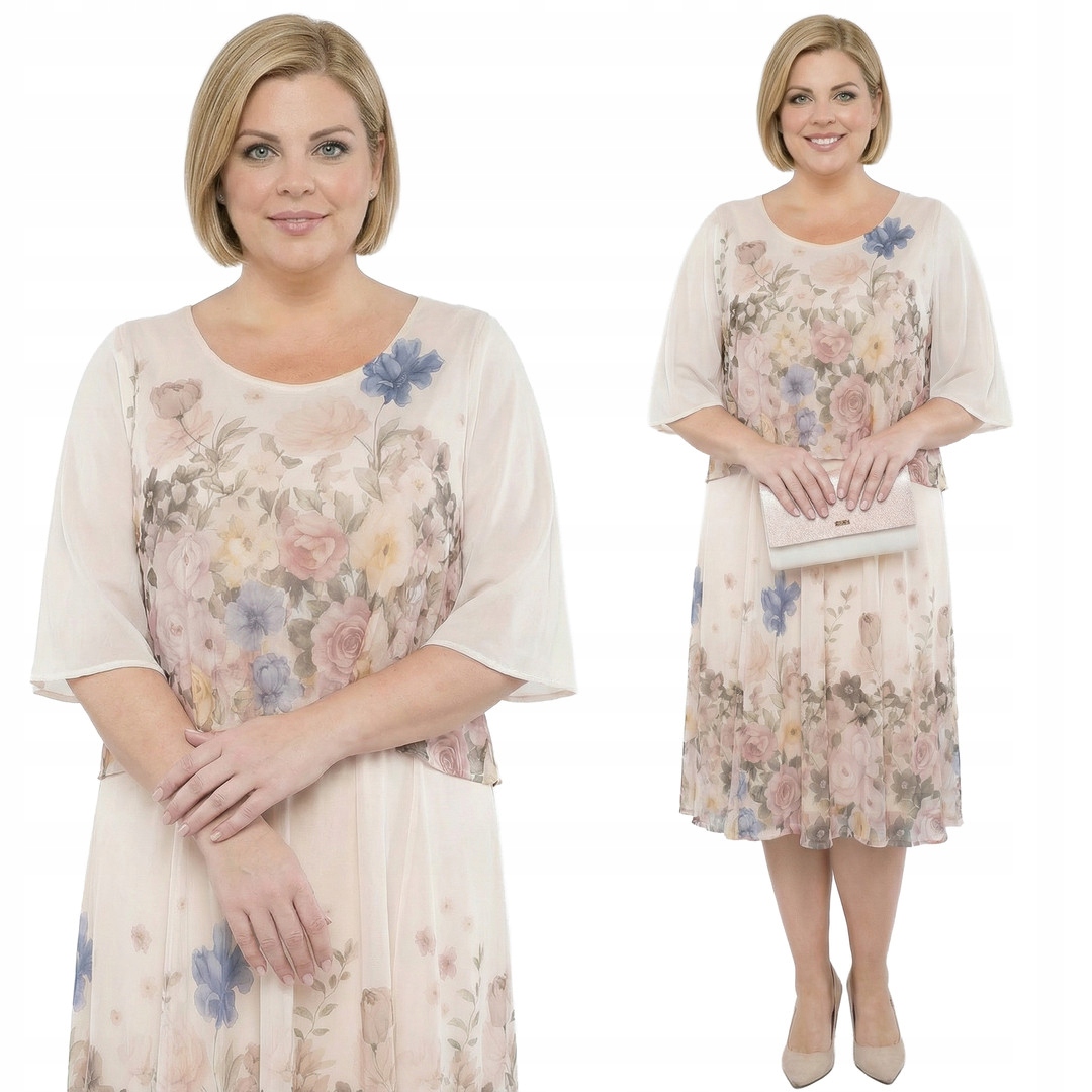 Béžová šifonová šaty s květinami a velikostí, velikost 52