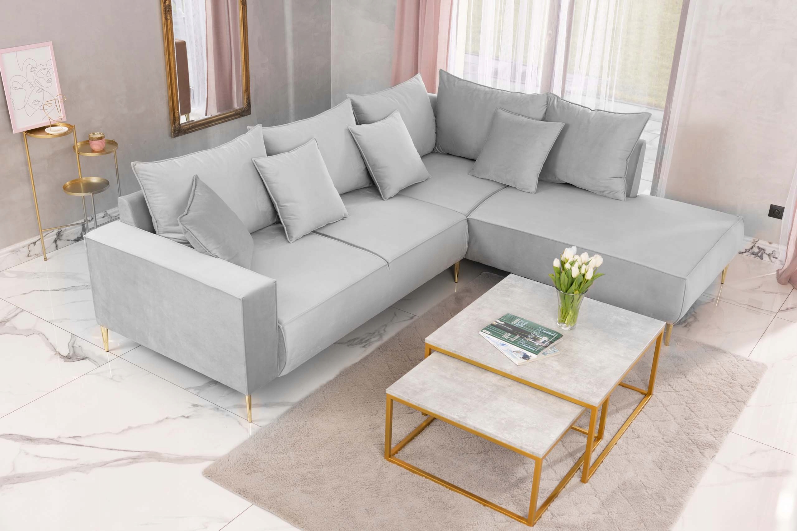 Rohová Sedací Souprava do obývacího pokoje Rohová Sedačka Zlaté nožky
