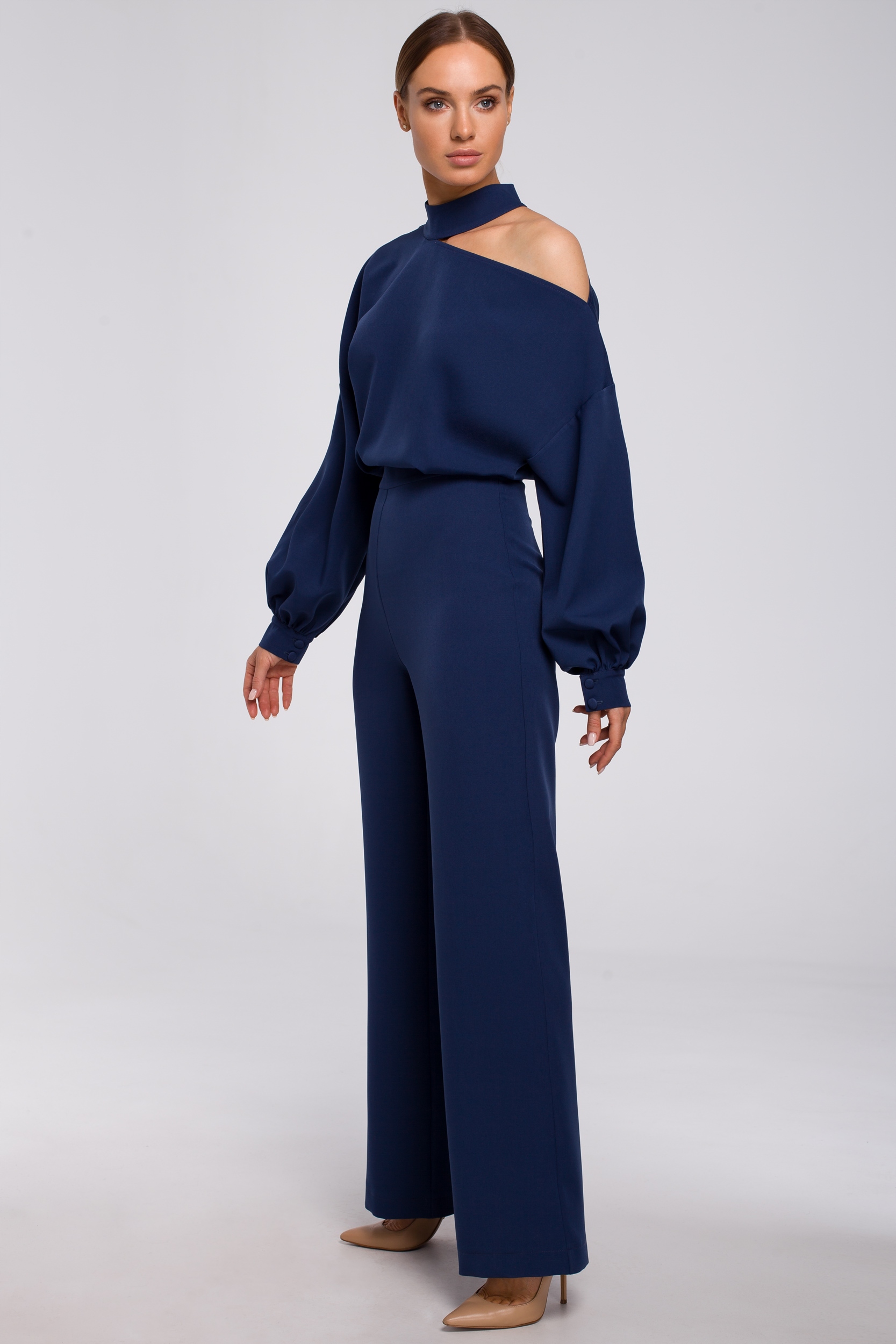 KOMBINEZON DAMSKI ELEGANCKI KOBIECY GŁADKI DŁUGI RĘKAW GRANATOWY XXL 44 Marka MOE