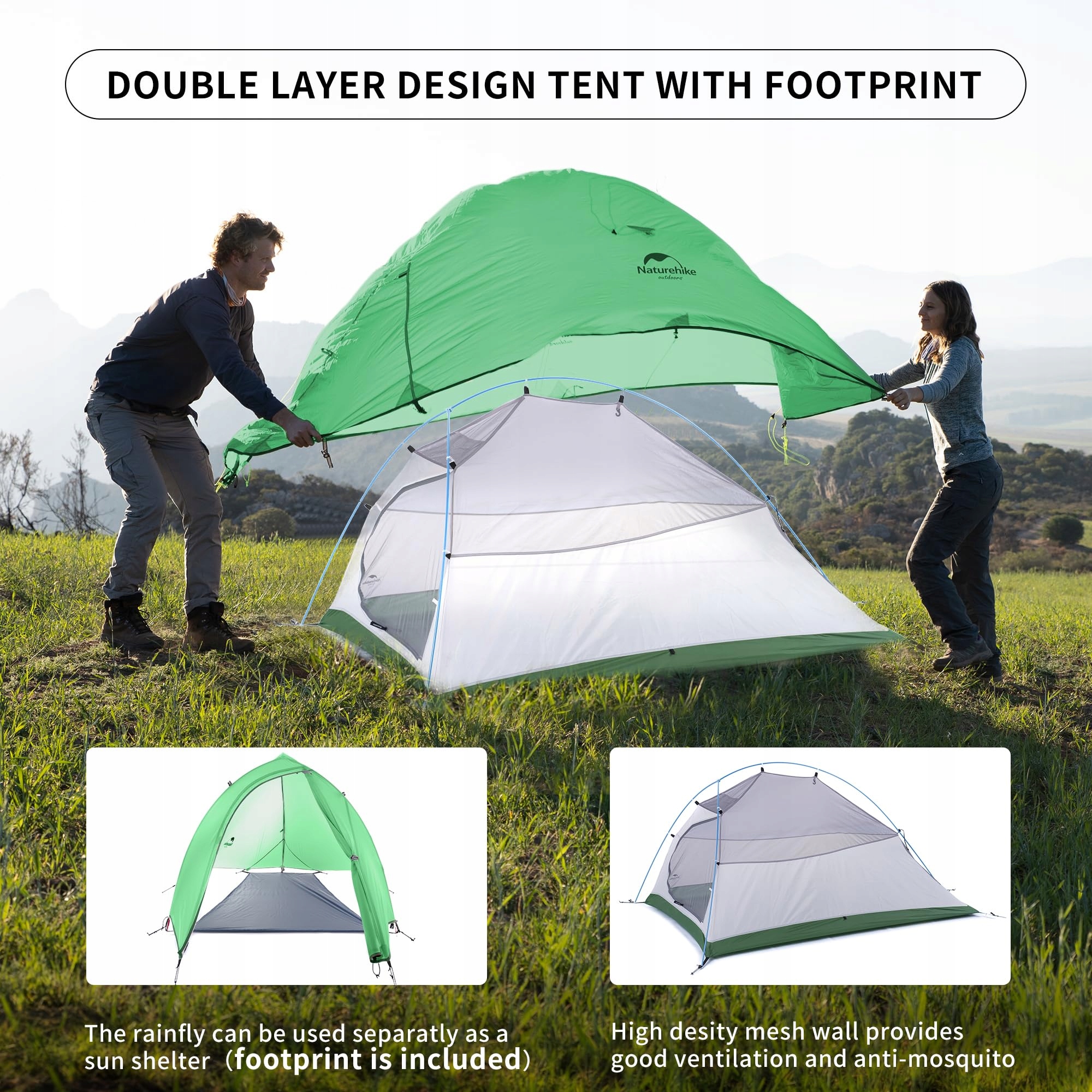 NATUREHIKE Cloud-Up 2 Osobowy Namiot Kempingowy Lekki Zielony 210T Upgrade — miniatura 3