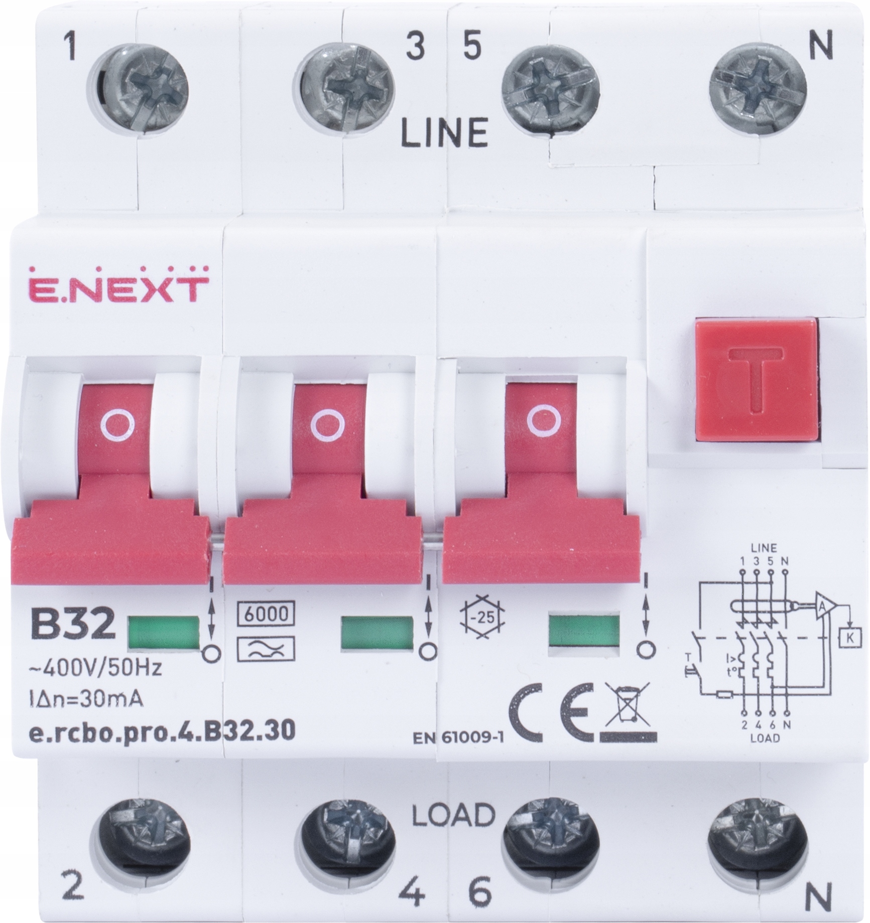 Proudový spínač s nadproudovým členem Rcbo 4P B32 30mA