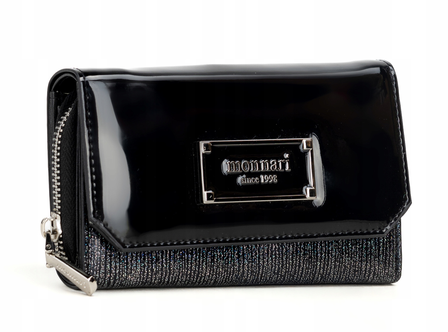 Monnari Efektowny pojemny czarny portfel damski Lakier Logo