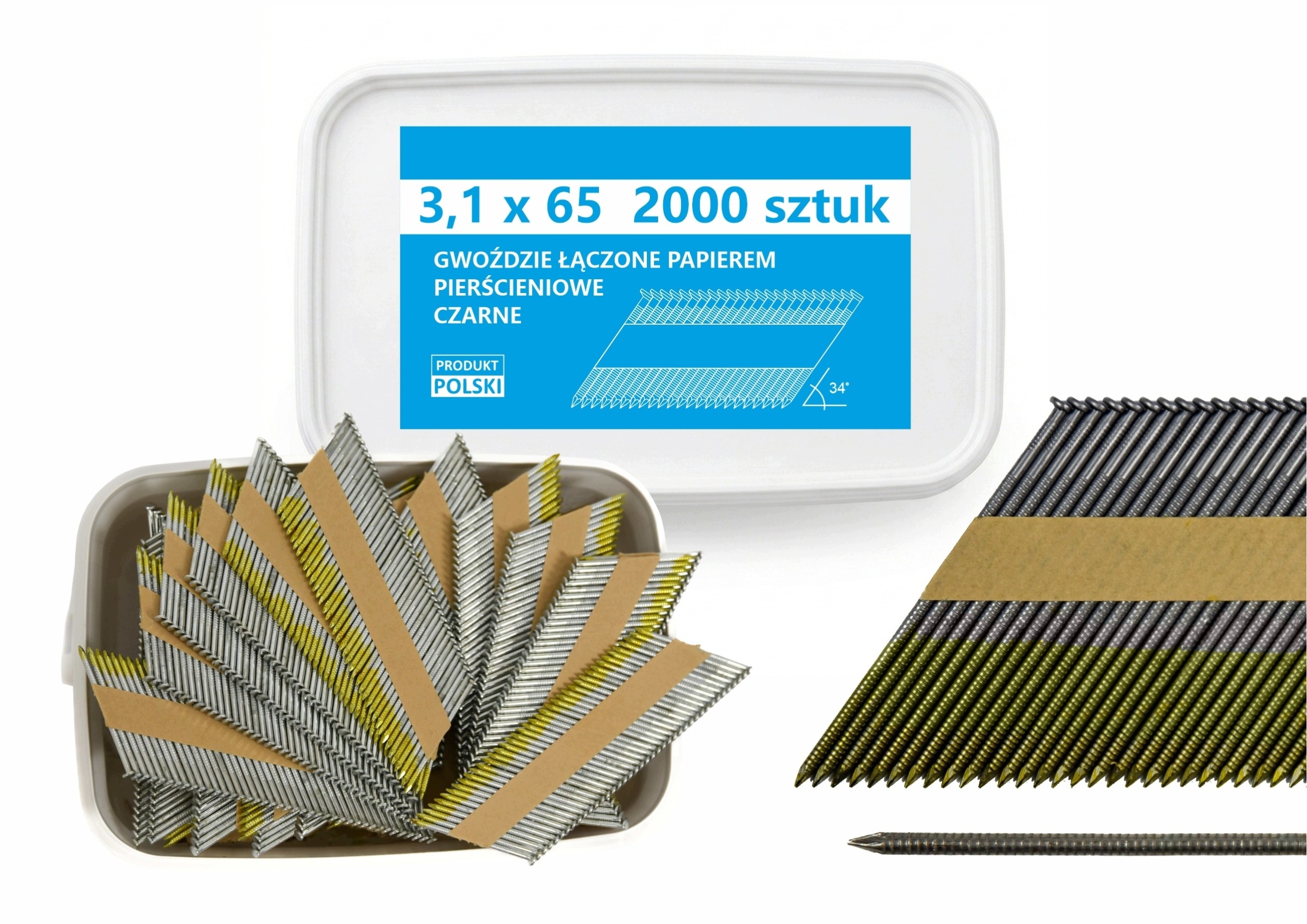 Hřebíky do hřebíkovačky spojené papírem 3,1x65mm 34° Kroužek Ča 2000ks