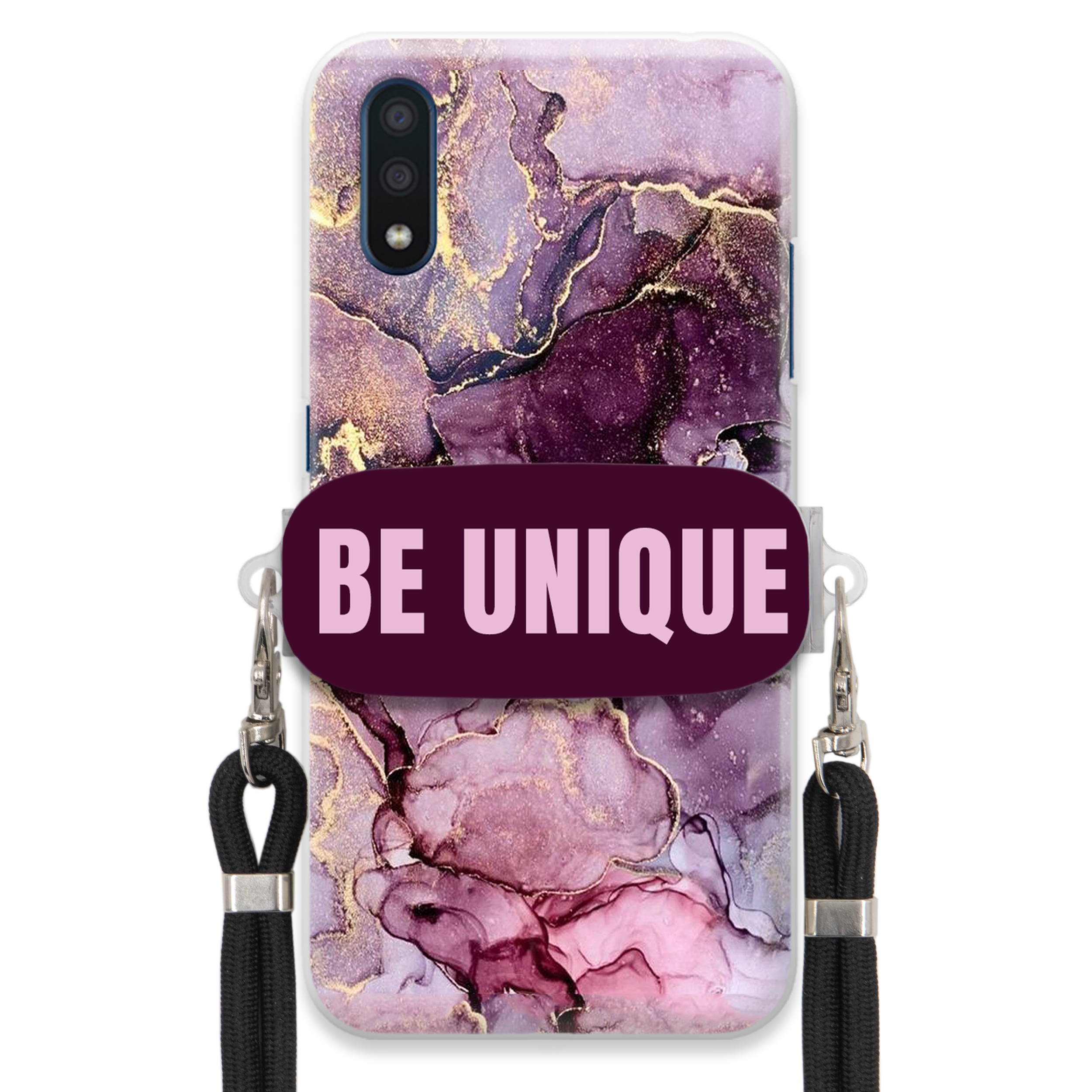 Prémiové puzdro pre Samsung A01 Case držiak na šnúrku Čierny fialový mramor