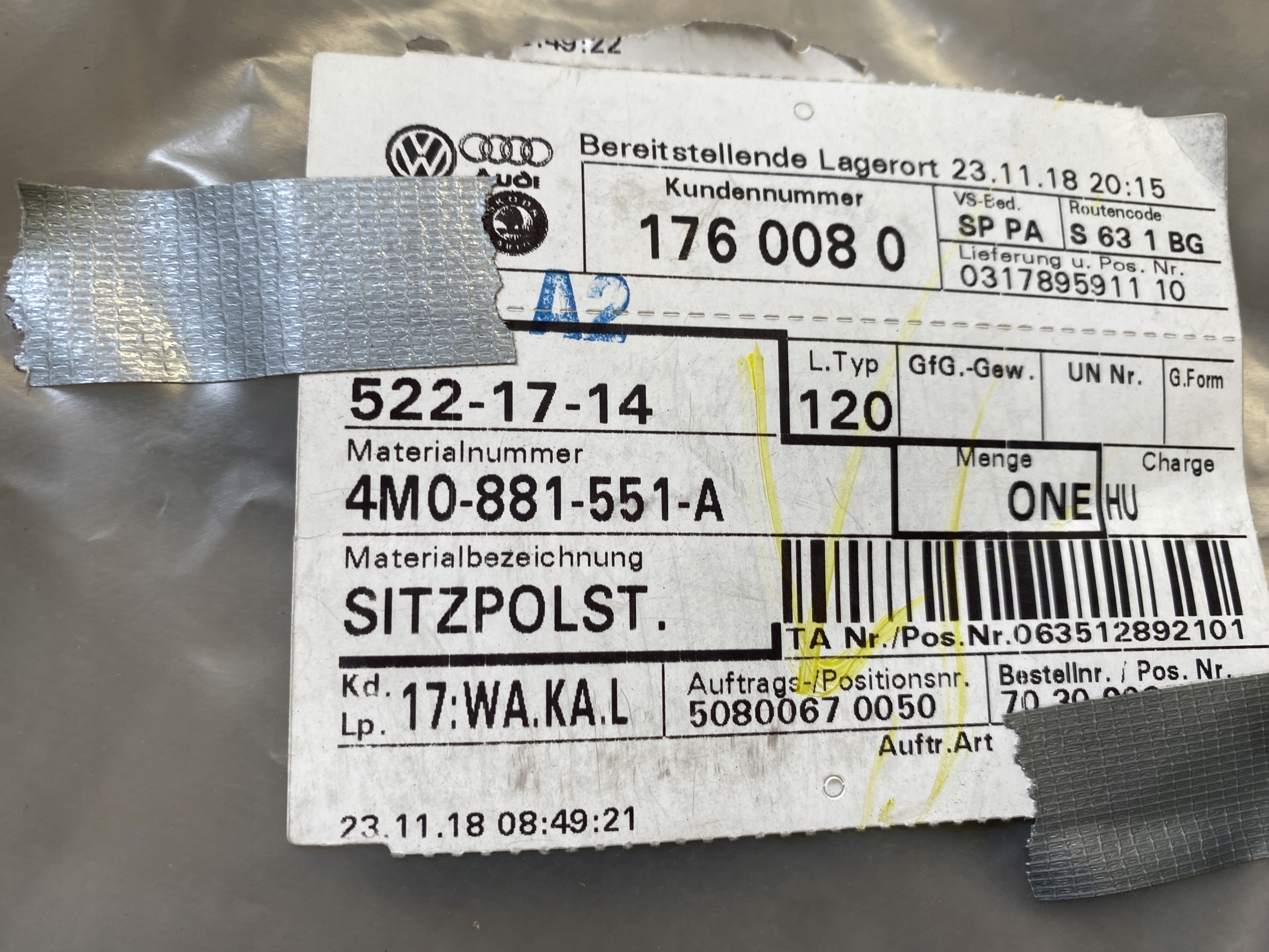 AUDI Q7 4M Q8 Seitenairbag 4M0881551A