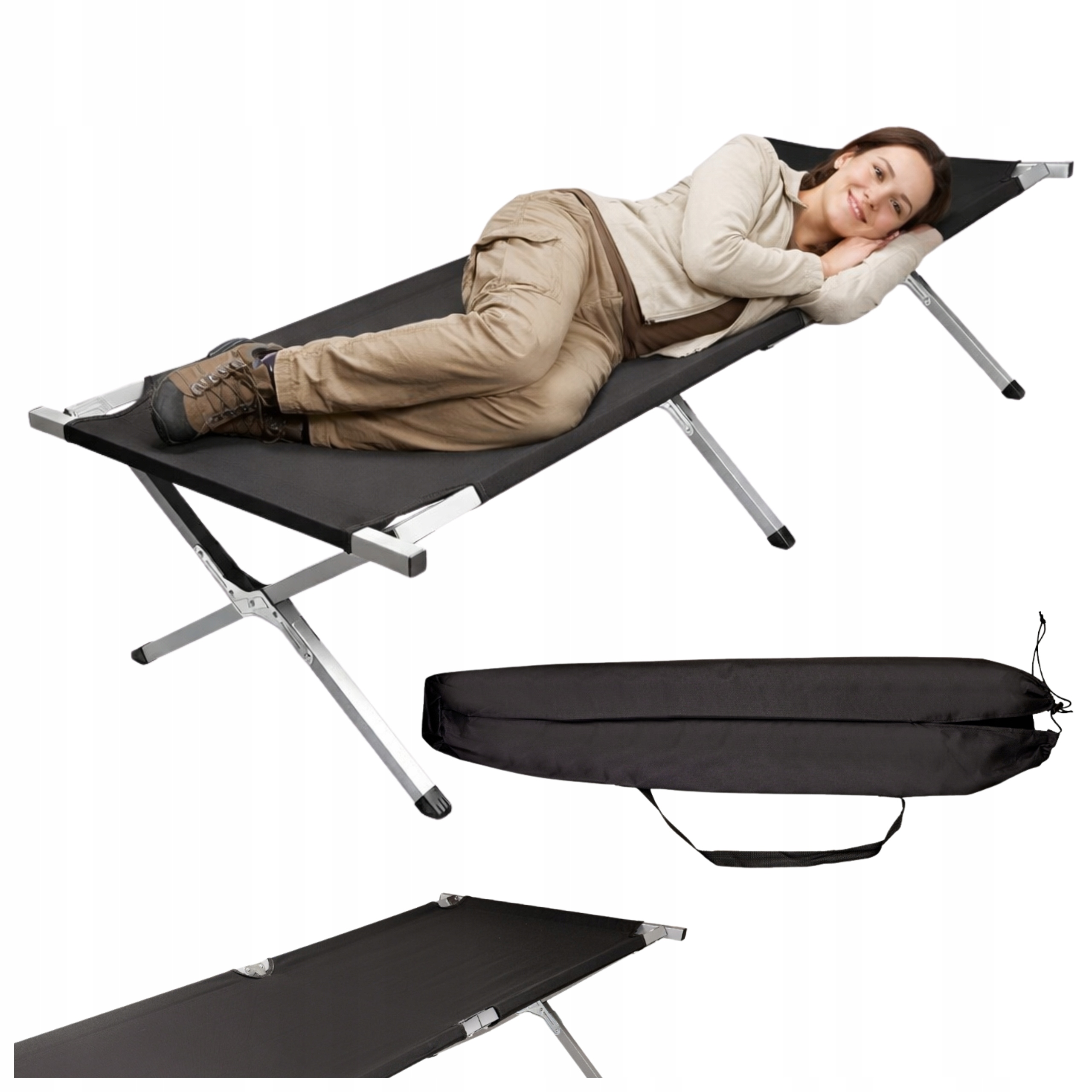 Łóżko Polowe Wojskowe Turystyczne Kanadyjka Luaro Leżanka XXL Czarne 150 Kg