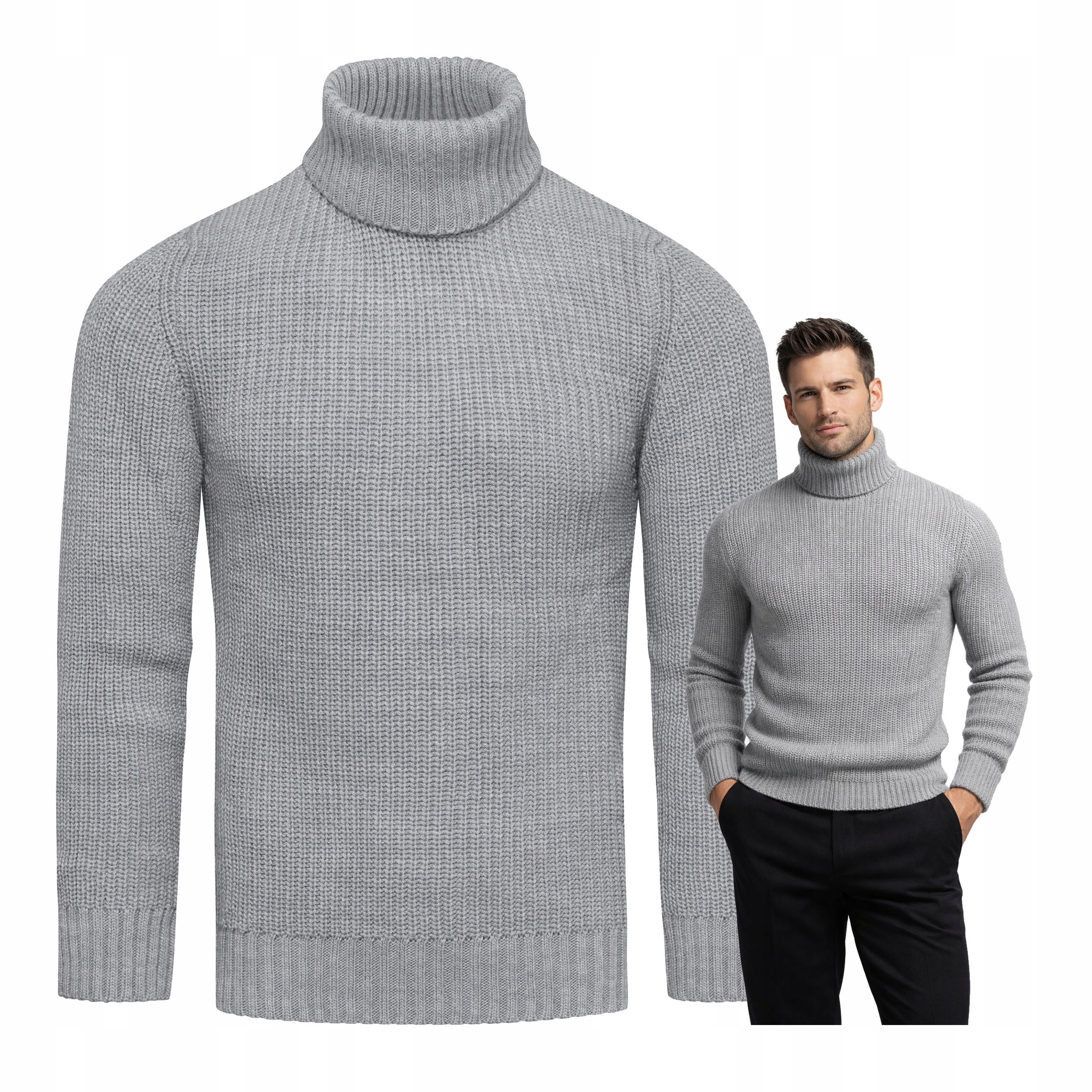 Pánský svetr s rolákem, šedý, teplý a pohodlný, velikost XL