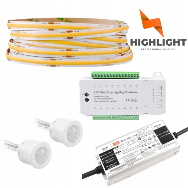 10m Schodiskový set Kaskádový Led pásik MoNo Cob 8W 24V+snímače pohybu 16we