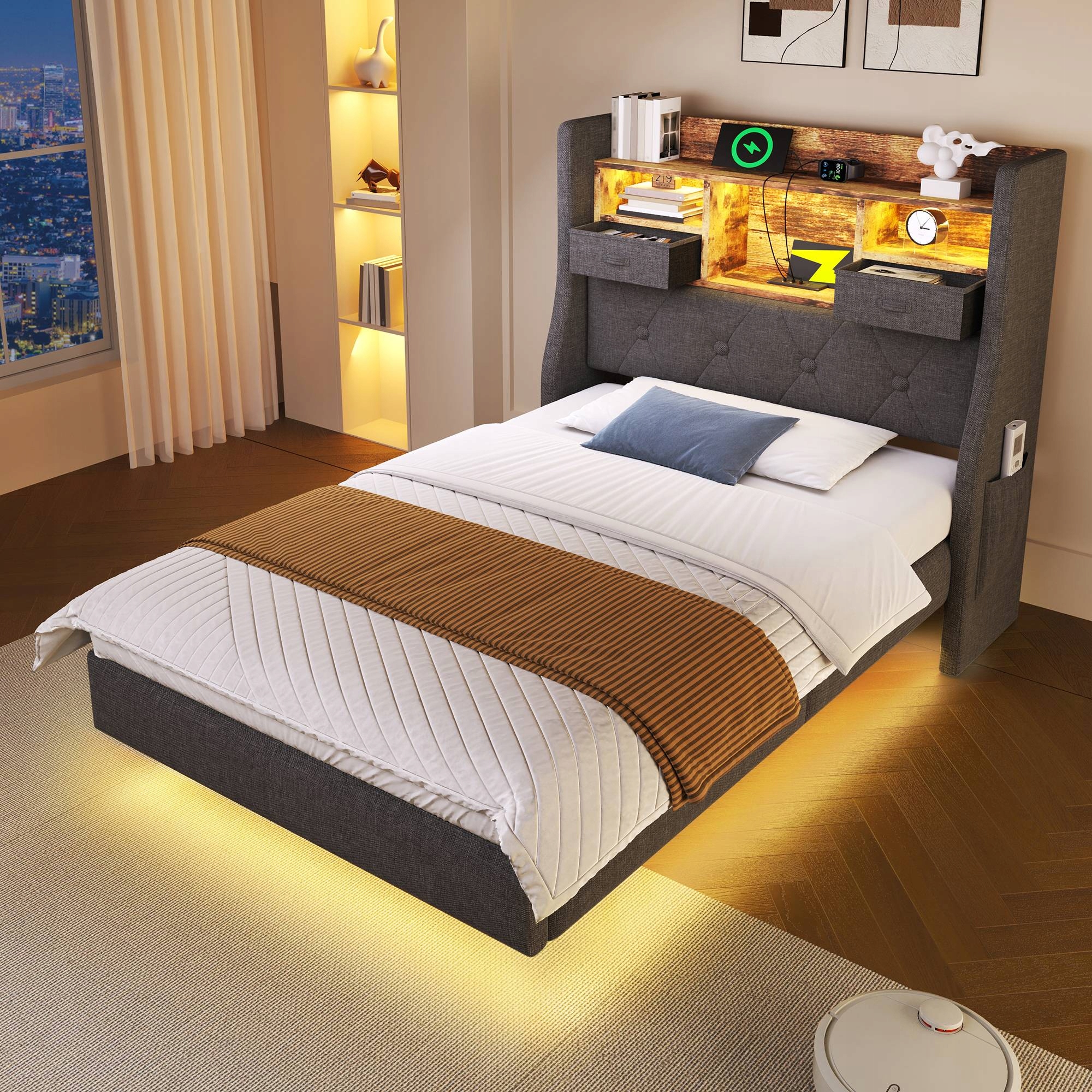 Čalouněná postel Dětská jednolůžková postel 90x200 Led Usb C šedá