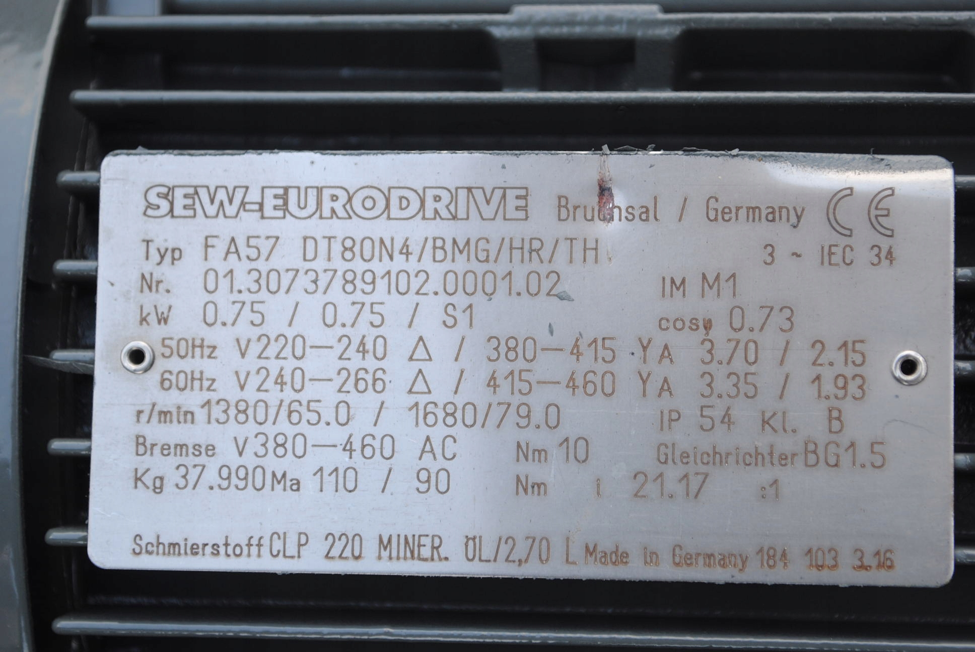 Motoreduktor 0.75kw. 65obr./min. z hamulcem. SEW! Model L