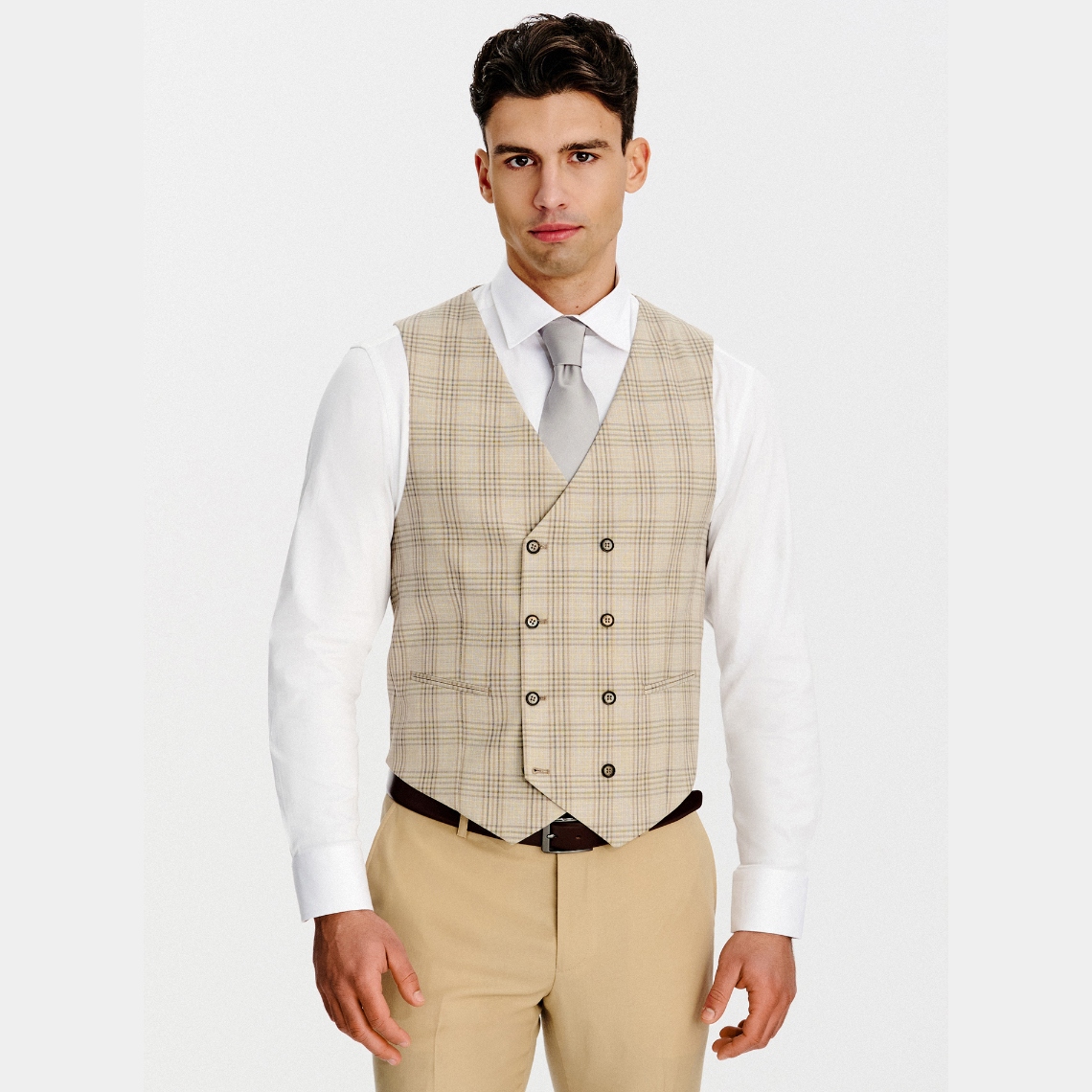 Béžová vesta ve vzoru výrazného kostkovaného vzoru Pako Lorente vel