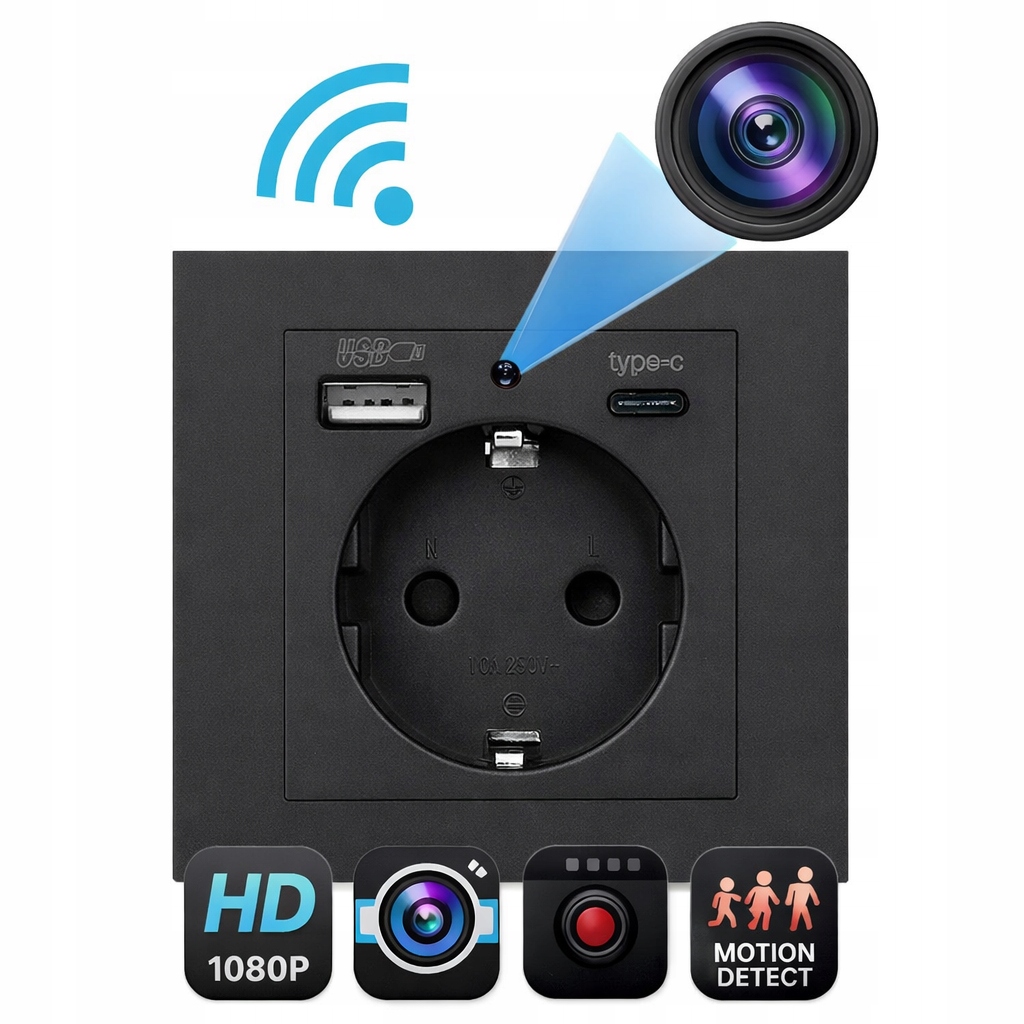 Špionážní WiFi kamera Zásuvka 1080p Full Hd Detekce pohybu Skrytá černá