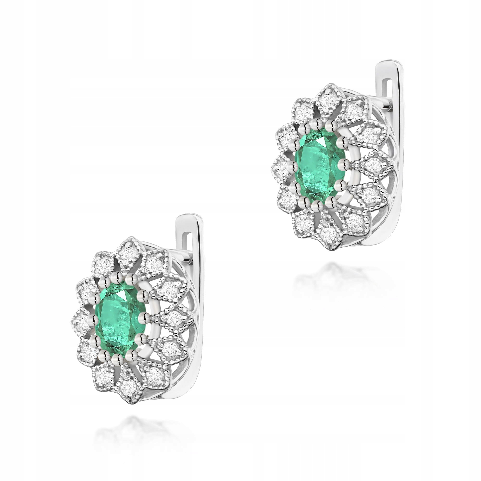 Bílé zlato 585 náušnice s brilianty, klasické a nadčasové, 4 g smaragd